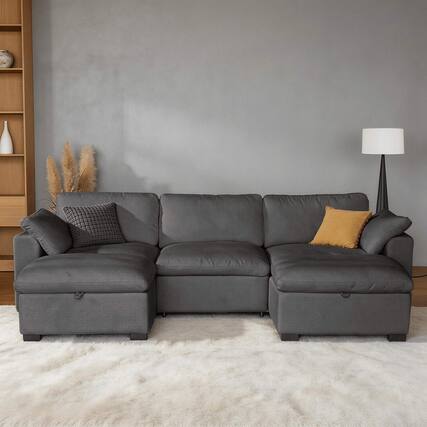 Front. Dyonery - 120" Oversized U-Shaped Cloud Sectional Sofa with Storage Ottoman, Down-Filled Deep Seat, Solid Wood Frame - Gray.