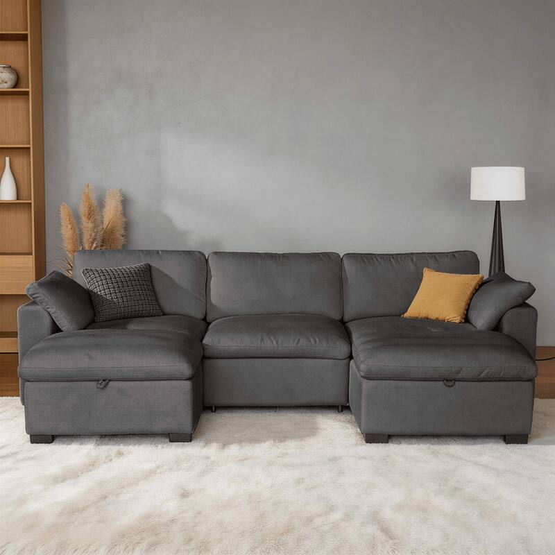 Front. Dyonery - 120" Oversized U-Shaped Cloud Sectional Sofa with Storage Ottoman, Down-Filled Deep Seat, Solid Wood Frame - Gray.