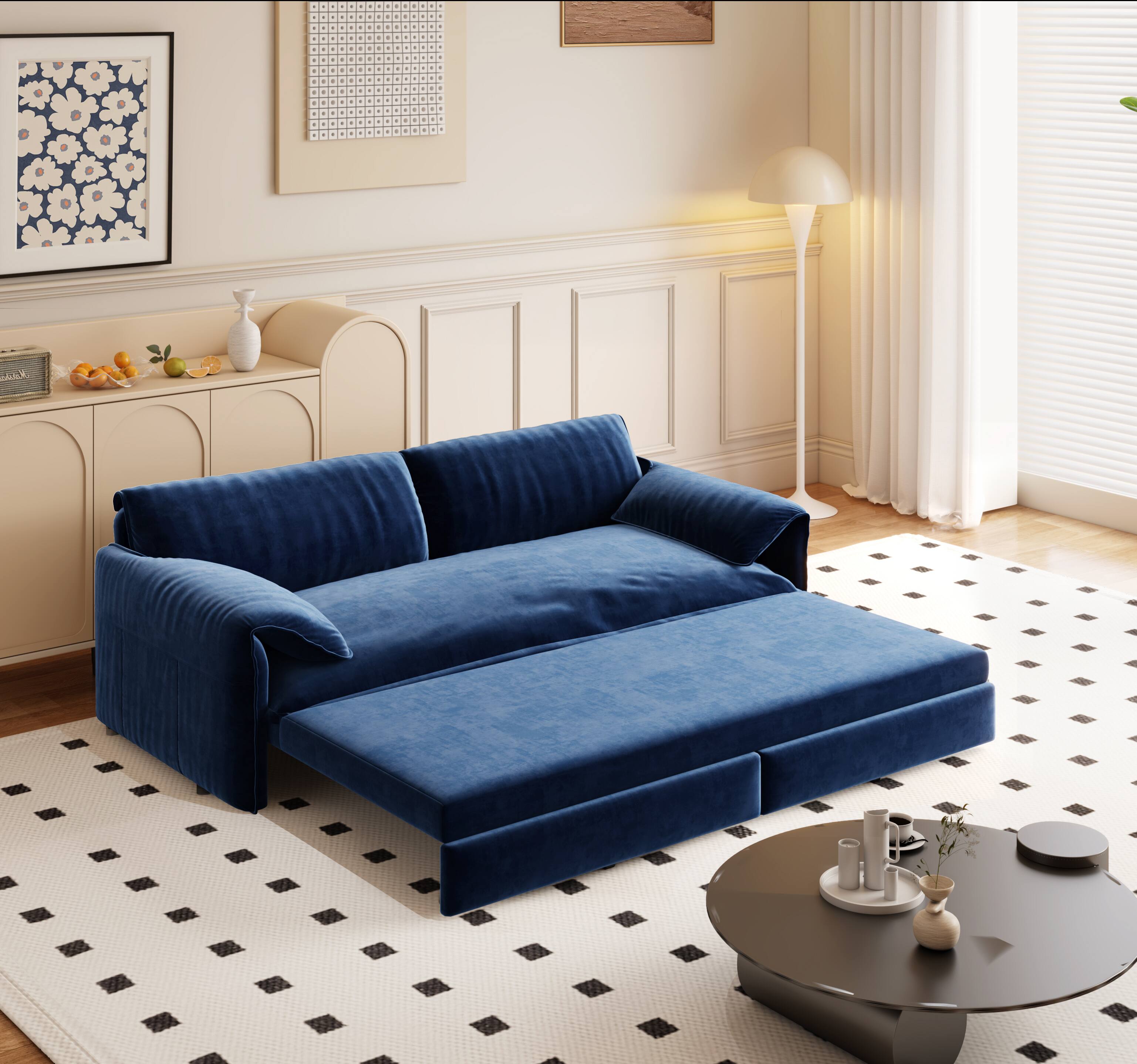 Left. Tiramisubest - Queen Pull Out Sofa Bed,3-in-1 Convertible Sleeper Sofa with Side Storage,Velvet Loveseat for Living Room,Office,Blue - Blue.