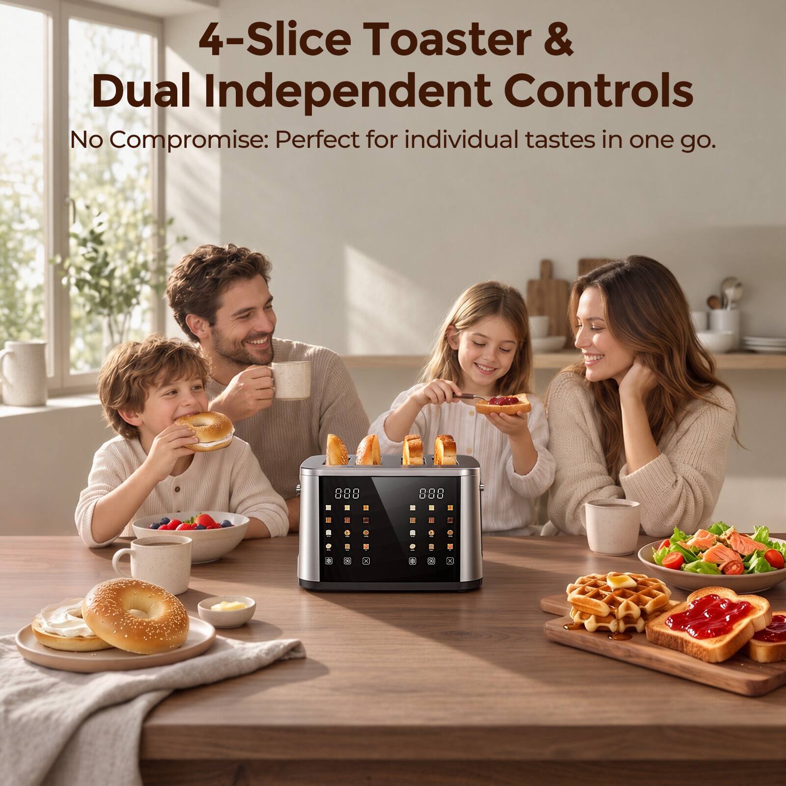 4-Slice Toaster & Dual Independent Controls  
No Compromise: Perfect for individual tastes in one go.