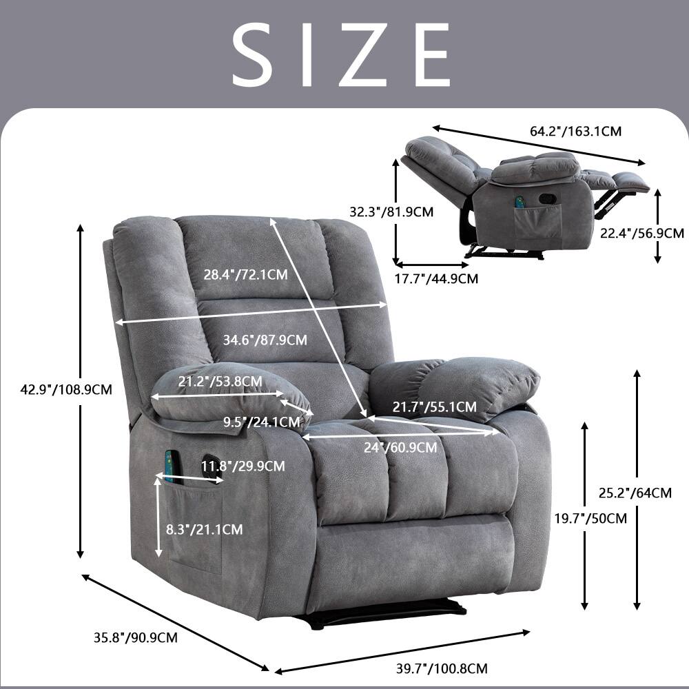 The text on the image can be grouped and corrected as follows:
* Size: 64.2" / 163.1 cm
* Armrest: 32.3" / 81.9 cm
* Seat: 22.4" / 56.9 cm
* Backrest: 28.4" / 72.1 cm
* Armrest: 17.7" / 44.9 cm
* Seat: 34.6" / 87.9 cm
* Backrest: 42.9" / 108.9 cm
* Armrest: 21.27" / 53.8 cm
* Armrest: 9.57" / 24.1 cm
* Armrest: 21.7" / 55.1 cm
* Armrest: 11.8" / 29.9 cm
* Seat: 247" / 60.9 cm
* Seat: 25.2" / 64 cm
* Armrest: 8.3" / 21.1 cm
* Armrest: 19.7" / 50 cm
* Armrest: 35.8" / 90.9 cm
* Armrest: 39.7" / 100.8 cm