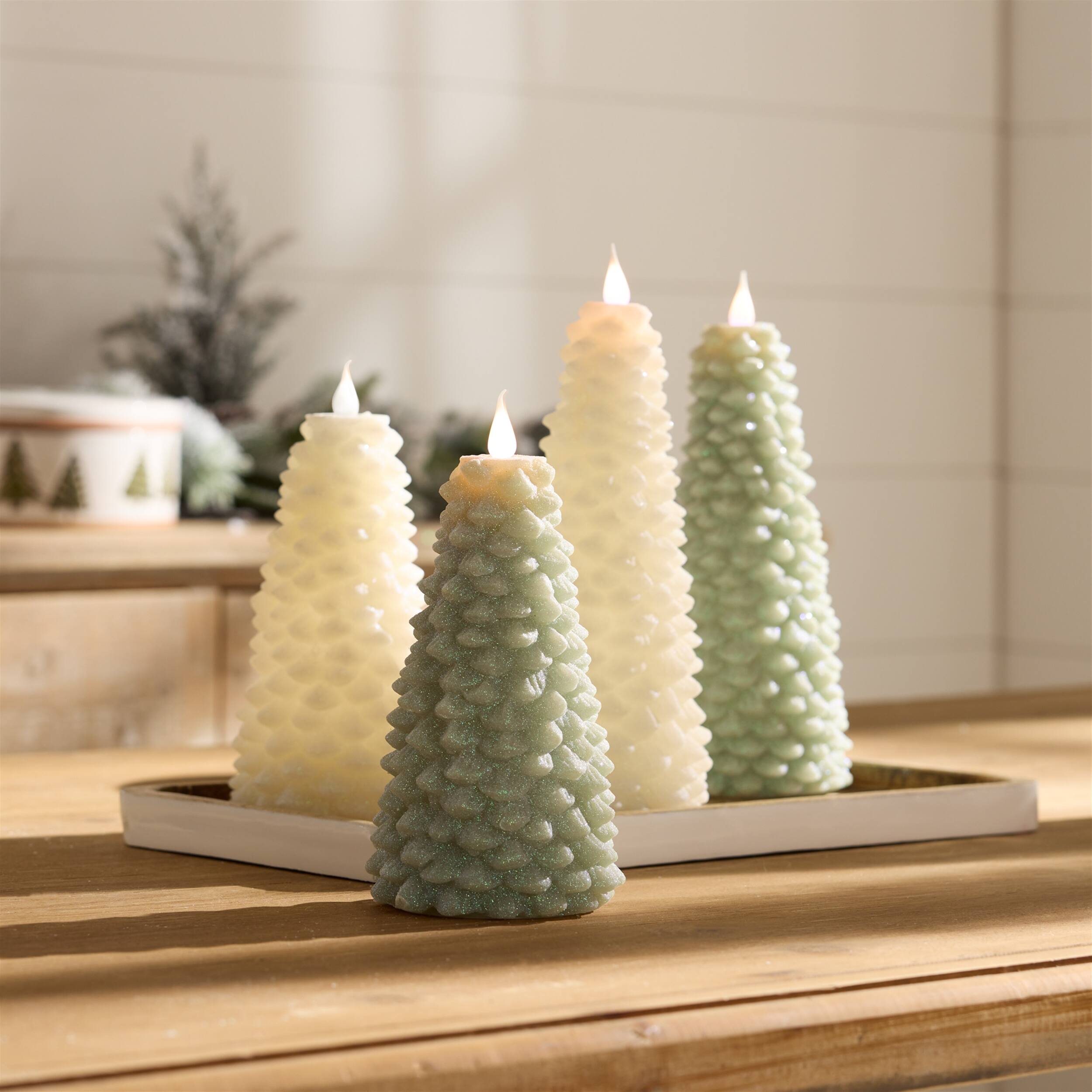 Angle. BreeBe - Glittered Pine Tree Candle 8"H - Green.