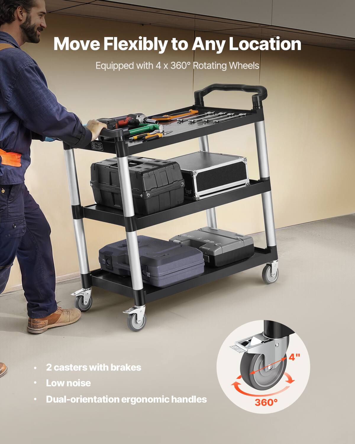 Move Flexibly to Any Location
Equipped with 4 X 360° Rotating Wheels
2 casters with brakes
Low noise
Dual-orientation ergonomic handles
360° 4"