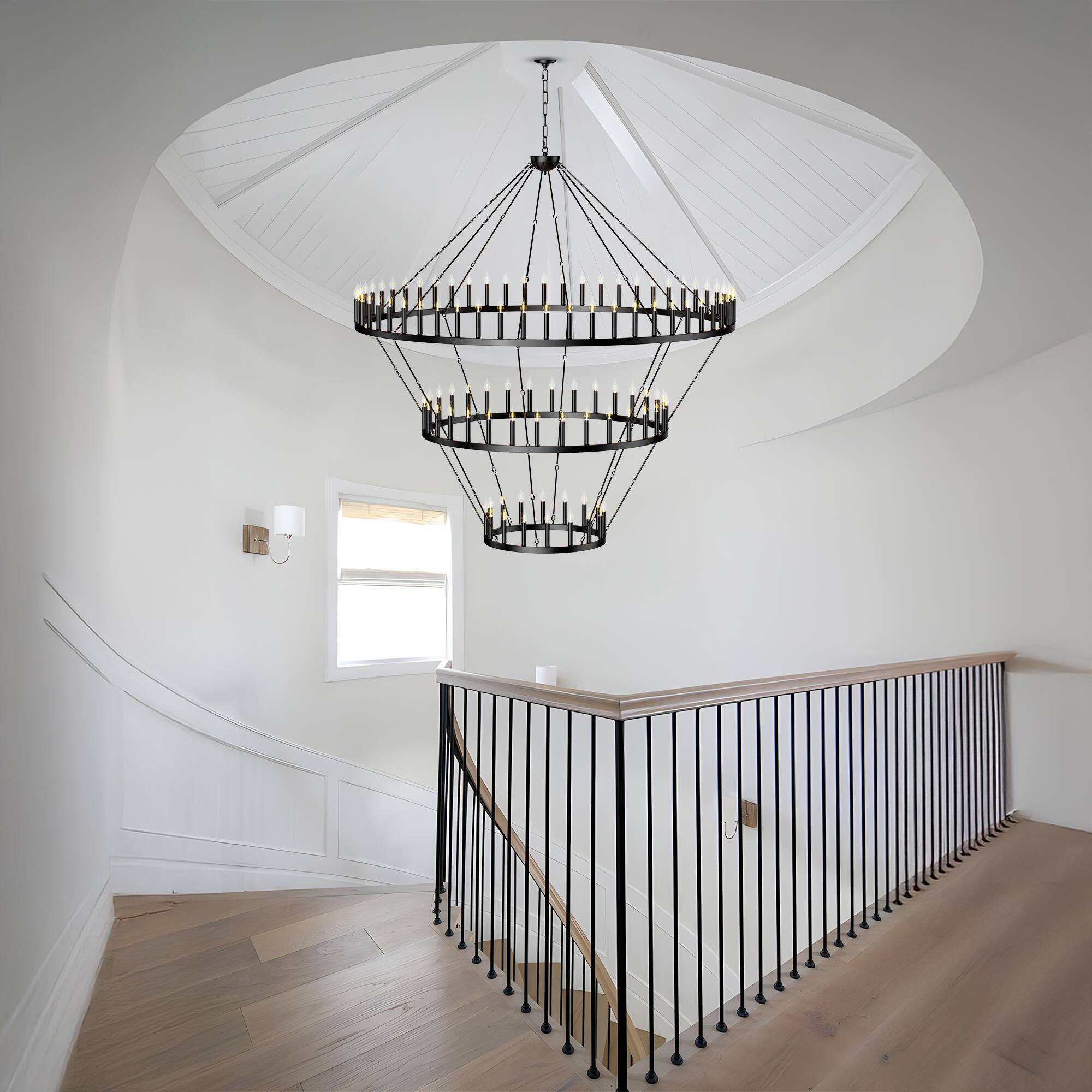 Back. RYHNUYNE - 3-Tier 96-Light Extra Large Wagon Wheel Chandelier Adjustable Farmhouse Pendant Light for High Ceiling Dining Room Foyer - Black.