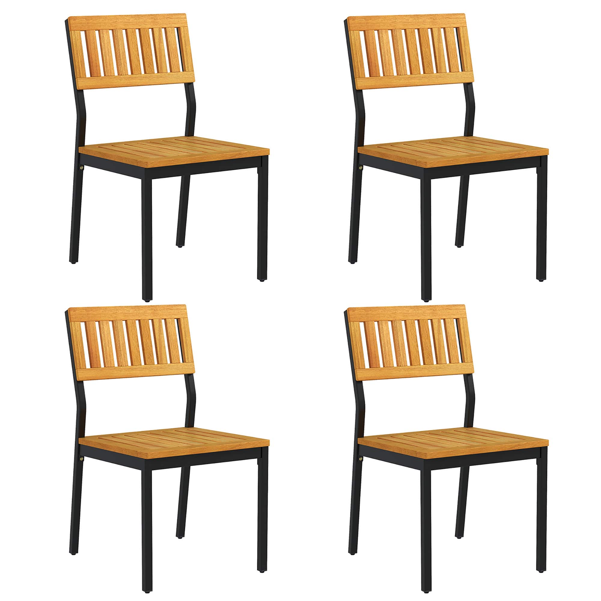 Gymax - Dining Chair Set of 4 Modern Patio Chairs/Acacia Wood Backrest Slanted Seat - Natural, Black