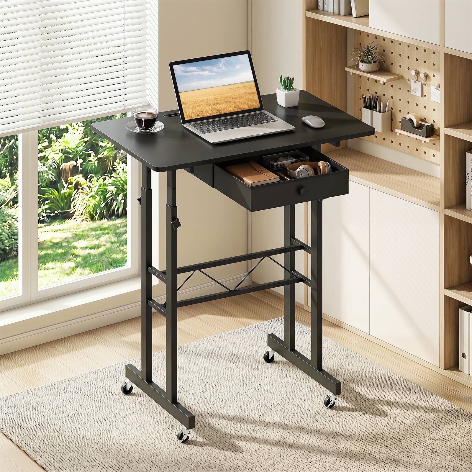 Alt View 1. Costway - Costway Standing Desk, Height Adjustable Laptop Desk with Fabric Drawer, Tablet Holder - Black.