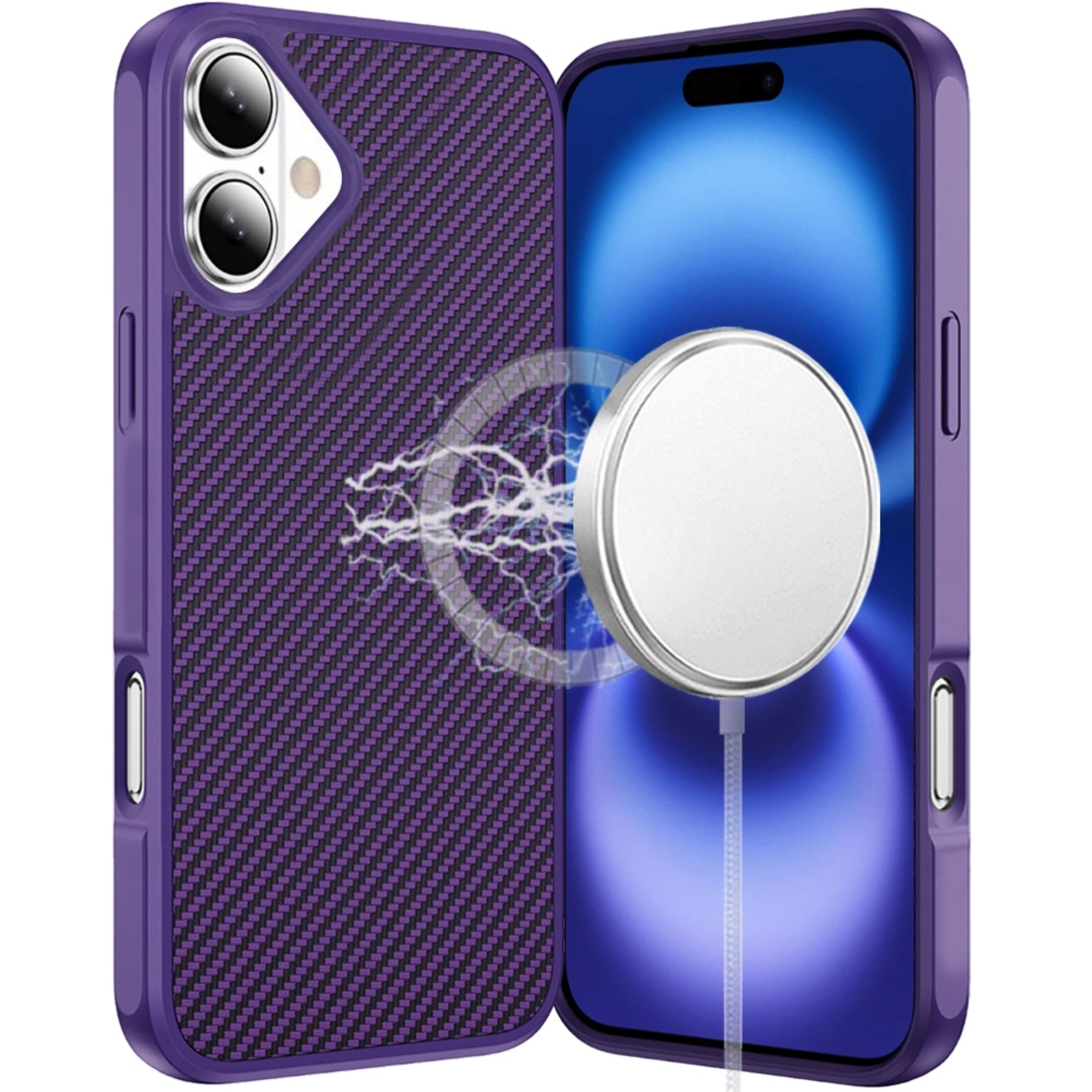 Kitcheniva - Carbon Fiber Print Hidden Magnetic Circle Phone Case With Tempered Glass For iPhone 17 - Dark Purple