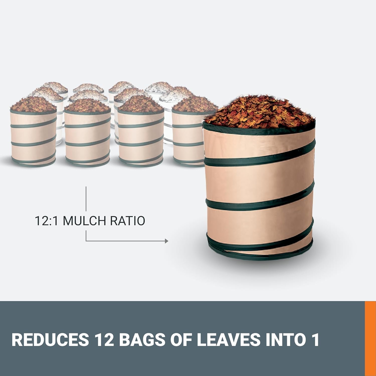The image shows a stack of 12 pails, each containing leaves. The text on the image states that a 12:1 mulch ratio reduces 12 bags of leaves into 1. This suggests that the stack of pails represents a large amount of leaves that can be reduced to a smaller, more manageable quantity by using a mulch ratio of 12:1.