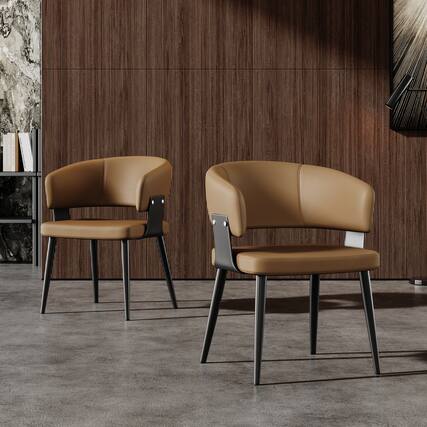 Front. luck idea - Dining Chairs Set of 2 Thick-Wide Arched Backrest Leather Upholstery - Brown.