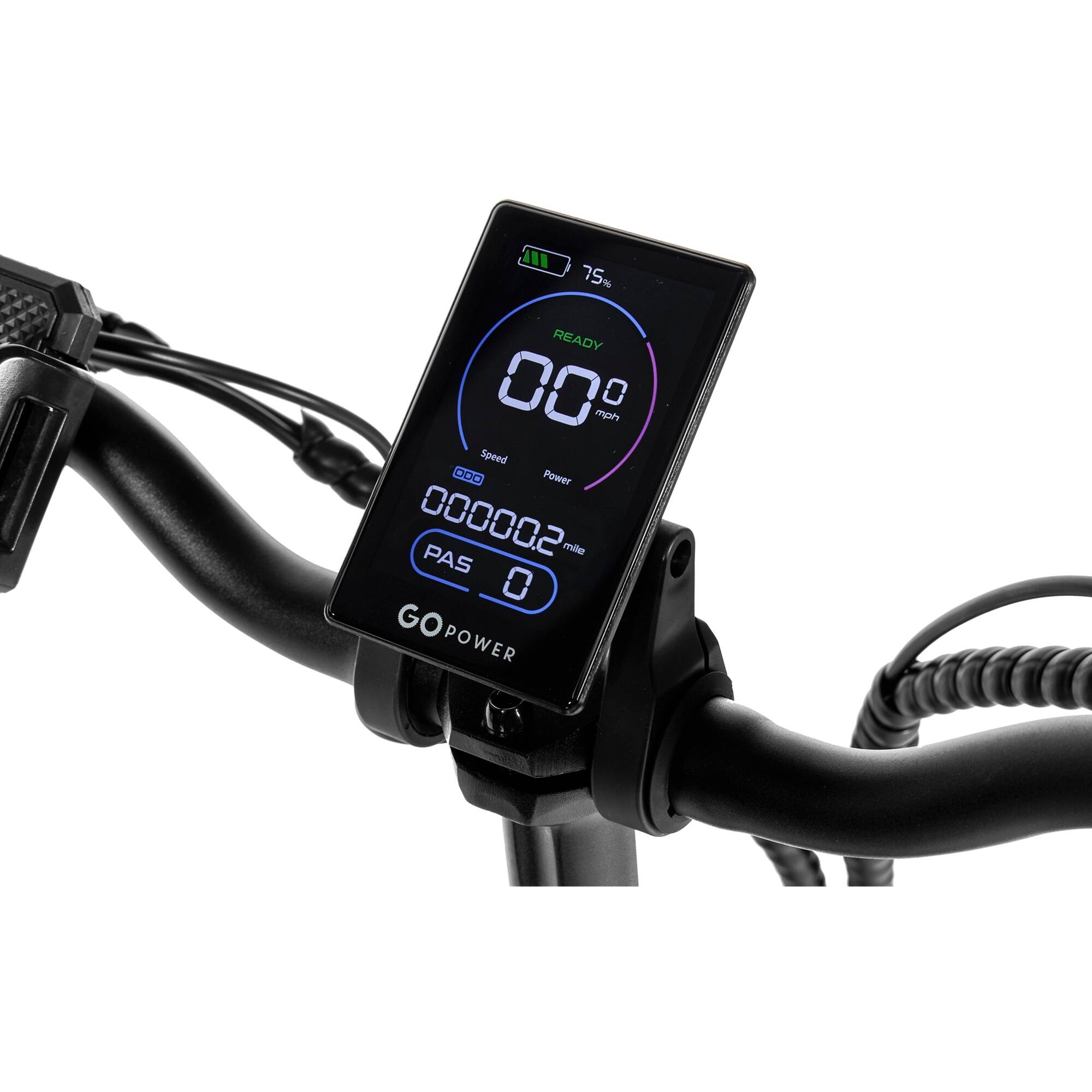 AN 75% READY 00 mph 0 Speed ODO Power 000002 PAS mile 0 GO POWER