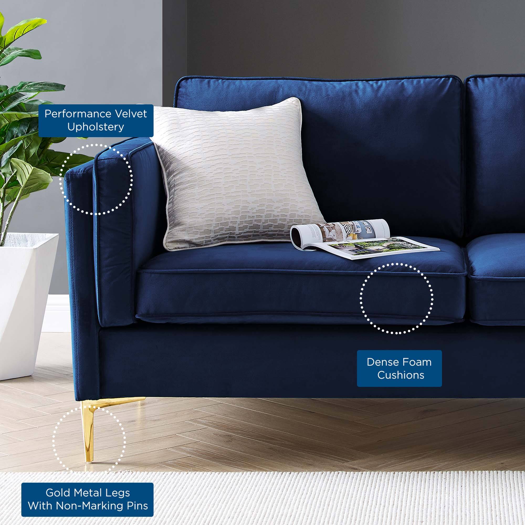 Performance Velvet Upholstery  
Dense Foam Cushions  
Gold Metal Legs With Non-Marking Pins