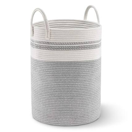 Front. Cheer Collection - Laundry Hamper, Large Woven Rope, 15" x 19.7" Cotton Laundry Basket with Handles, Clothes Hamper for Bedroom, Bathroom - 2-Tone Gray.