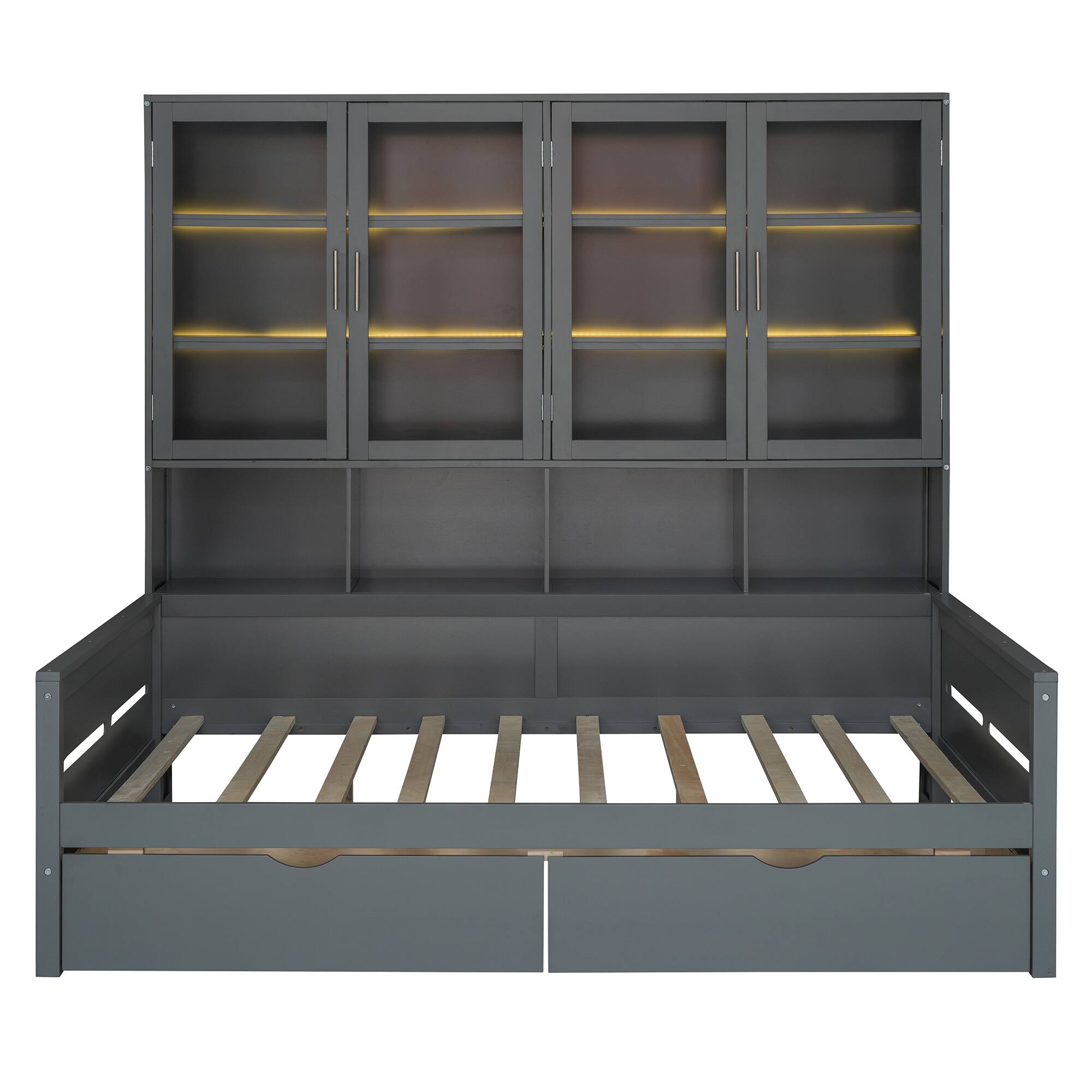 Alt View 7. Tiramisubest - Full Size Wooden Daybed with Glass-Door Storage Cabinets, Built-in LED Lighting and Shelves, Gray - Gray.