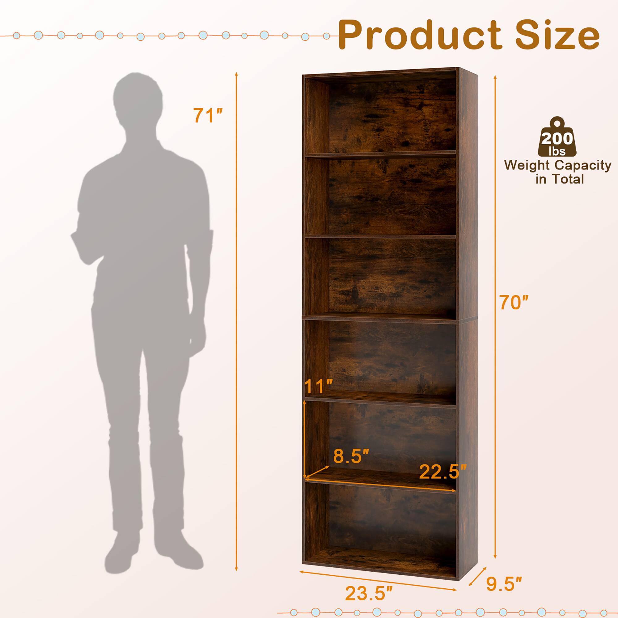 Product Size

71"  
200 lbs Weight Capacity in Total  
70"  
11"  
8.5"  
22.5"  
23.5"  
9.5"