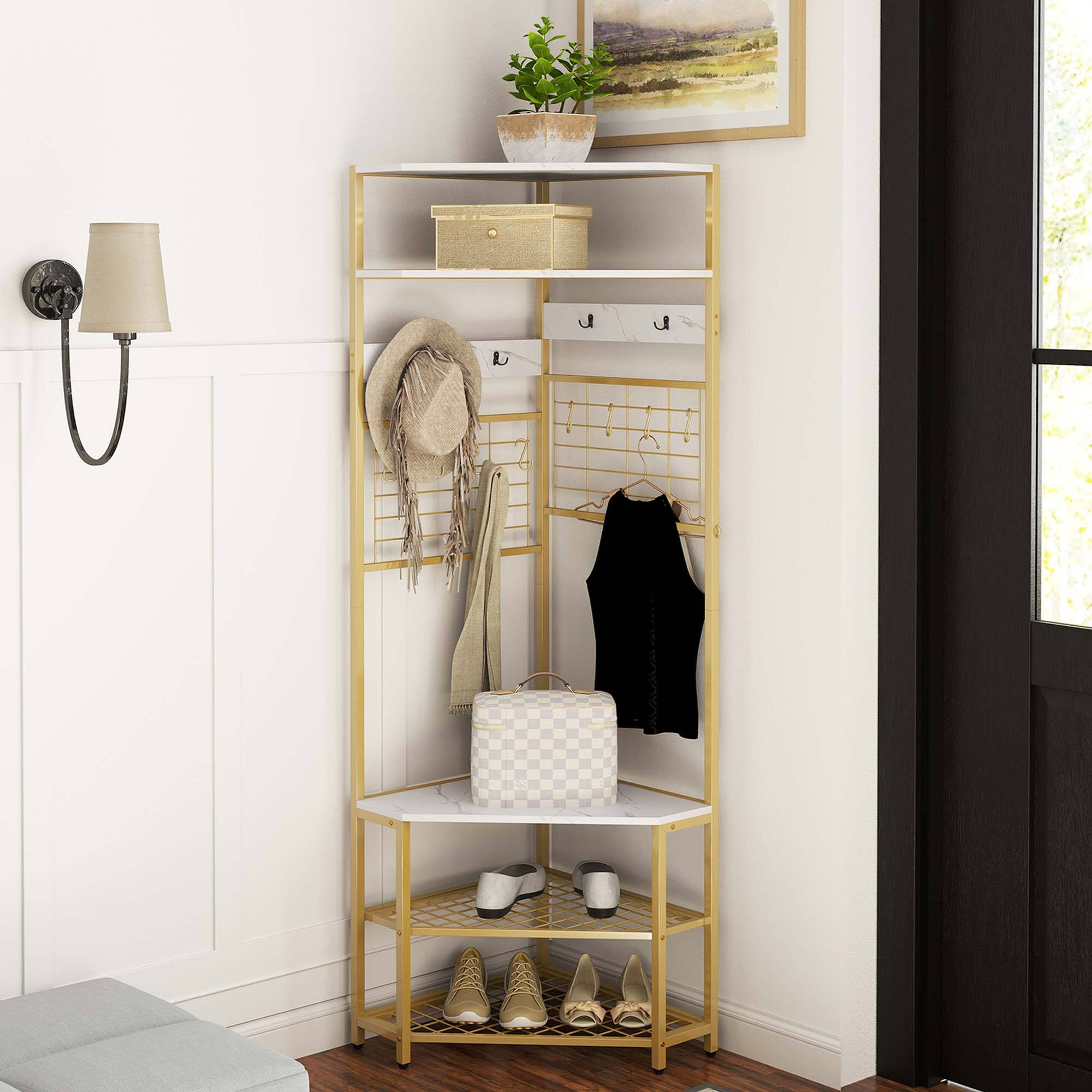 Alt View 4. Gymax - Gymax 5-Tier Corner Hall Tree w/ Shoe Storage Bench 12 Metal Hooks for Living Room White & Gold - White, Gold.