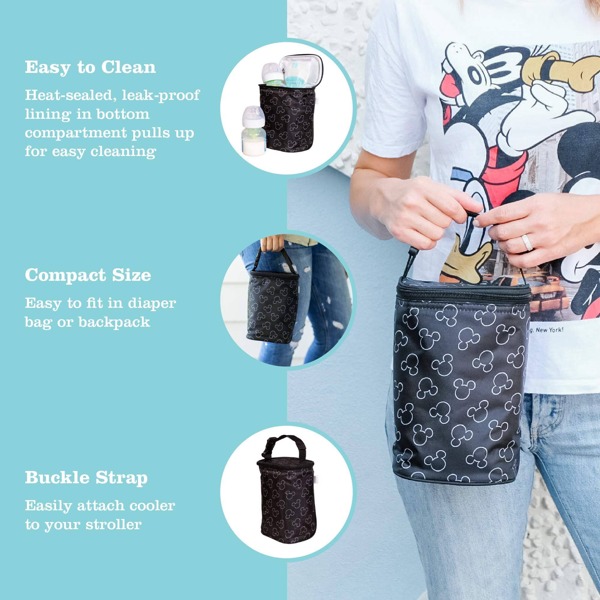 Easy to Clean  
Heat-sealed, leak-proof lining in bottom compartment pulls up for easy cleaning  

Compact Size  
Easy to fit in diaper bag or backpack  

Buckle Strap  
Easily attach cooler to your stroller