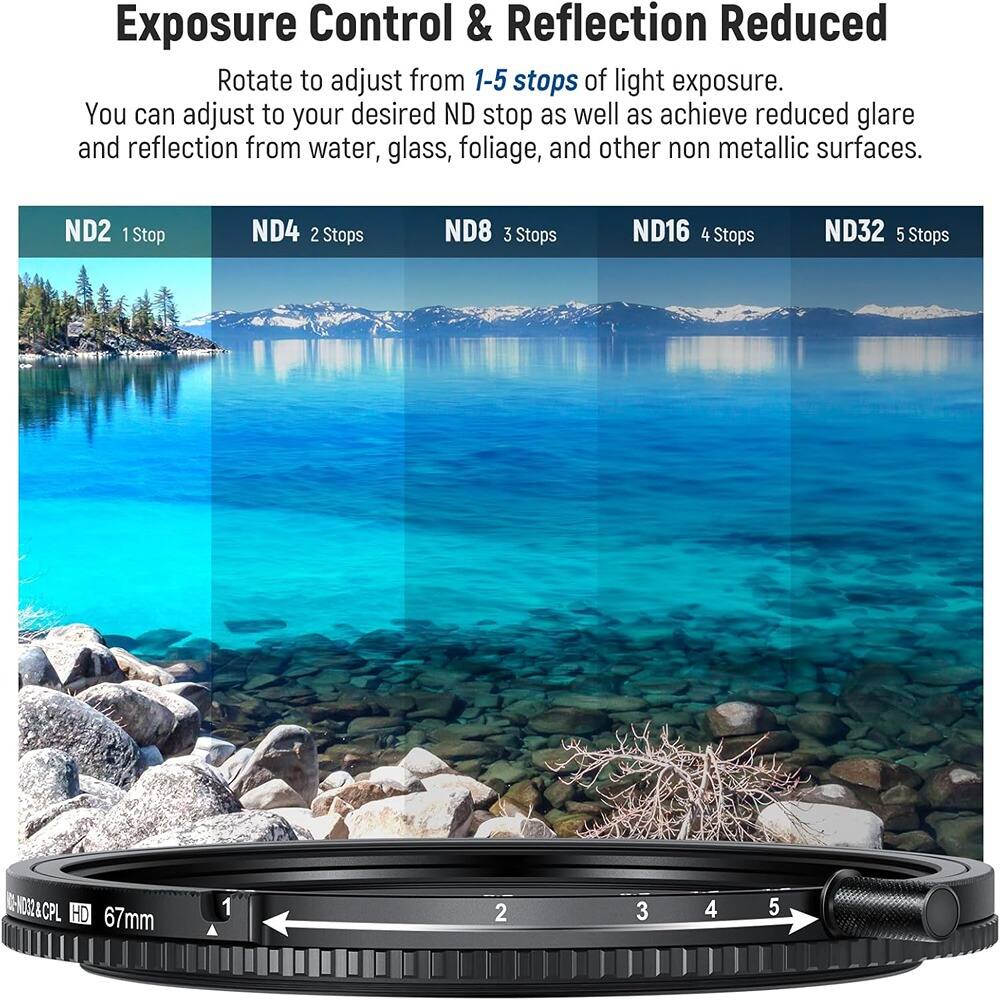 Exposure Control & Reflection Reduced

Rotate to adjust from 1-5 stops of light exposure.  
You can adjust to your desired ND stop as well as achieve reduced glare and reflection from water, glass, foliage, and other non metallic surfaces.

ND2 1 Stop  
ND4 2 Stops  
ND8 3 Stops  
ND16 4 Stops  
ND32 5 Stops  

0-N02 & CPL HD 67mm  
1 2 3 4 5