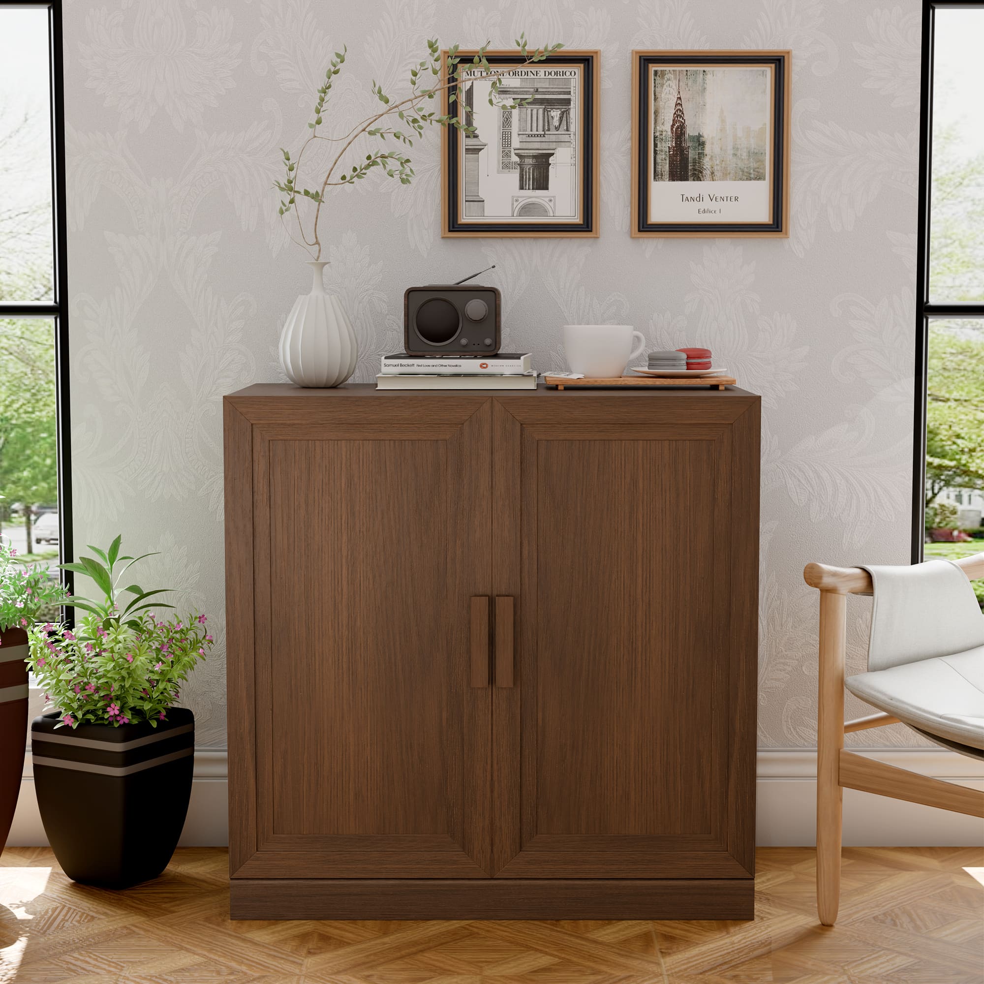 PexFix - Farmhouse Buffet Sideboard, 31" W Solid Oak Accent Cabinet with Scratch-Proof, Doors and 2 Adjustable Shelves - Light Walnut