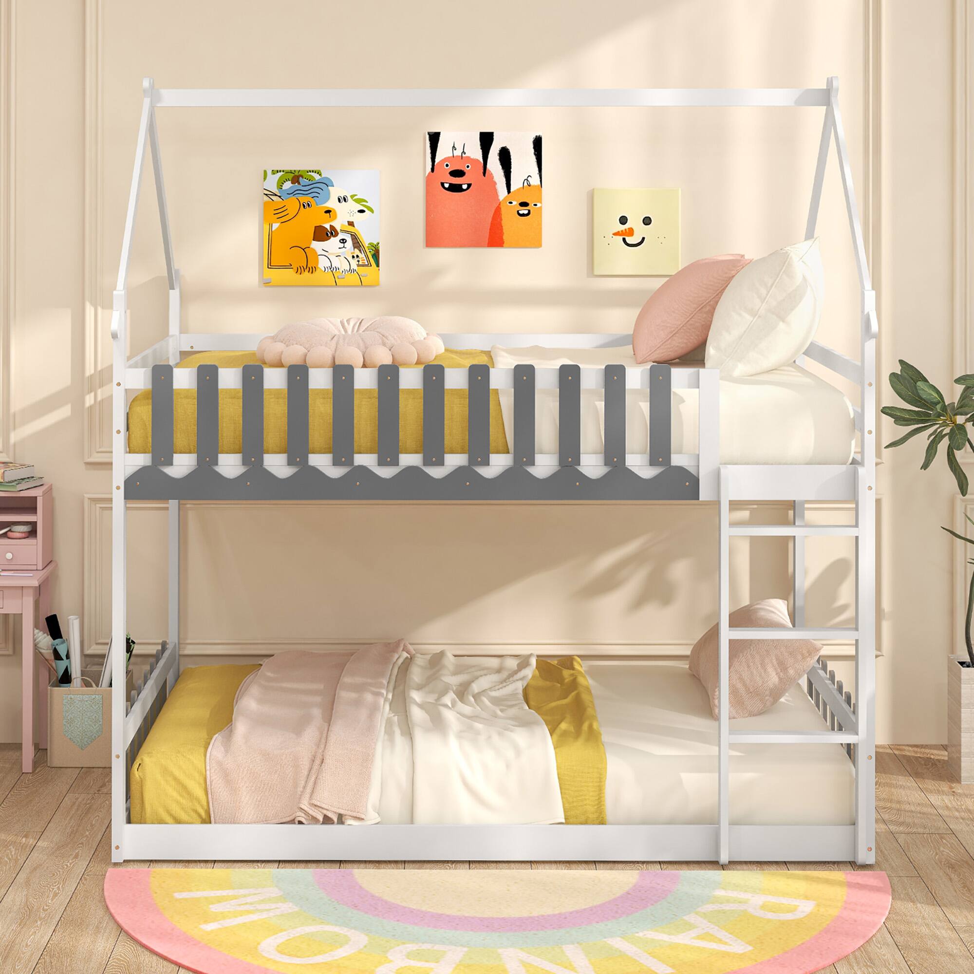 Alt View 3. Gymax - Gymax Twin Over Twin Bunk Bed w/ Fence & Ladder Solid Wood Floor Bunk Bed for Kids White - White, Gray.