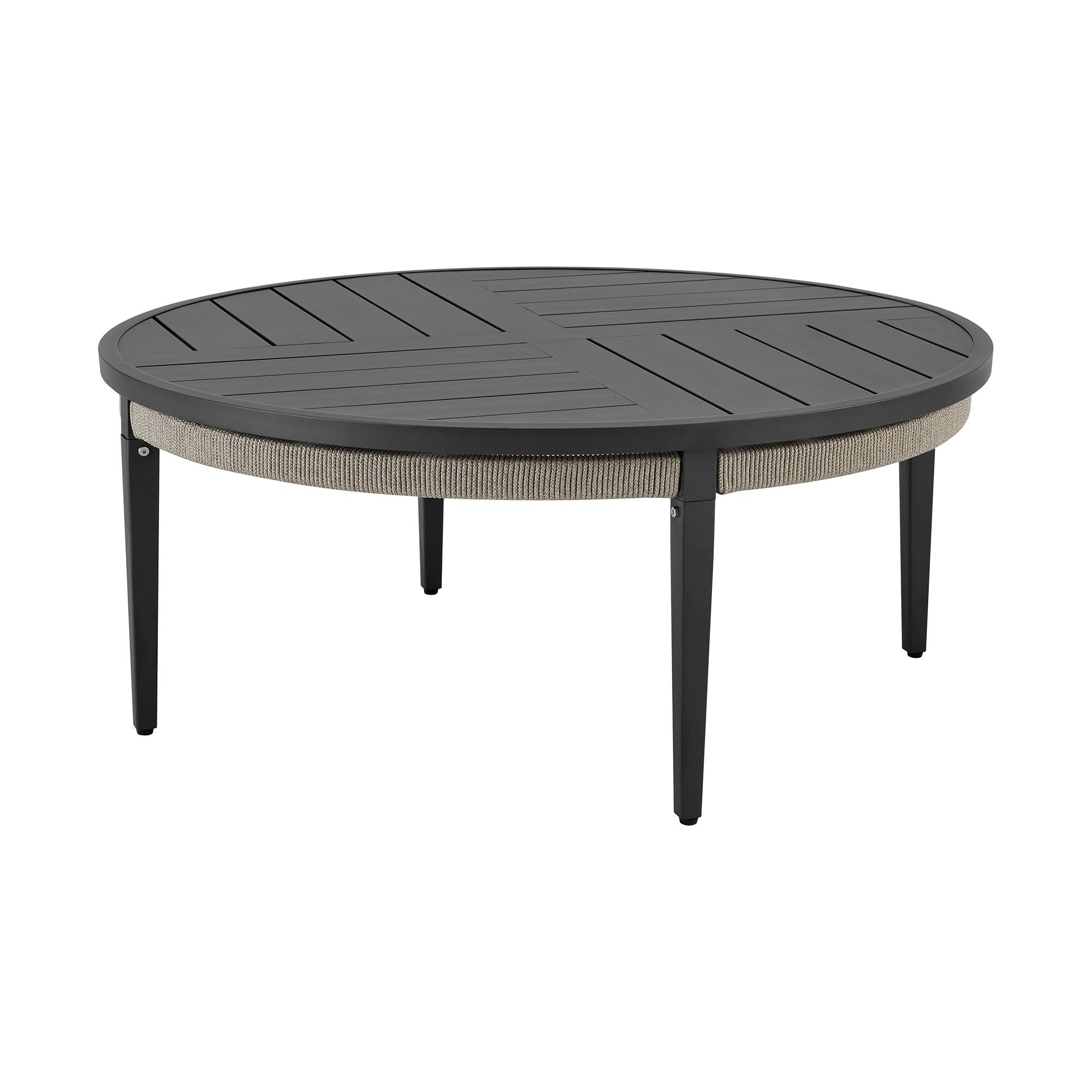 Armen Living - Zella Round Coffee Table in Aluminum with Charcoal Finish and Light Gray Rope - Dark Gray