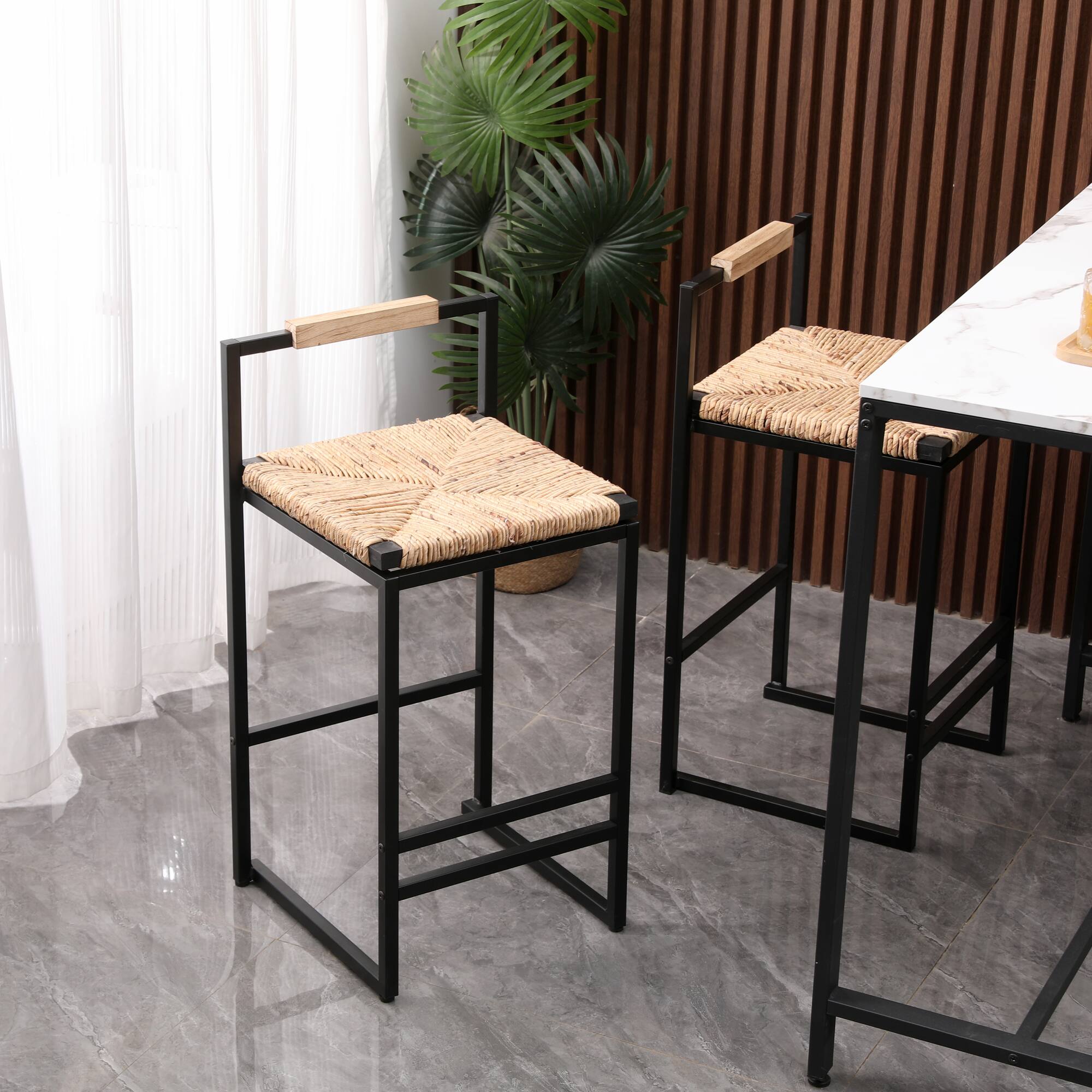 Left. GOODSILO - Set of 2 Modern Counter Height Barstools with Upholstered Seats and Metal Legs for Kitchen and Dining Areas - Natural.