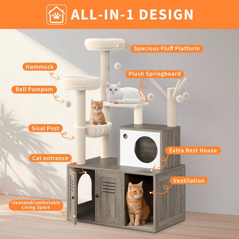 ALL-IN-1 DESIGN

- Spacious Fluff Platform
- Plush Springboard
- Hammock
- Bell Pom Pom
- Sisal Post
- Cat entrance
- Extra Rest House
- Ventilation
- Clean and Comfortable Living Space
