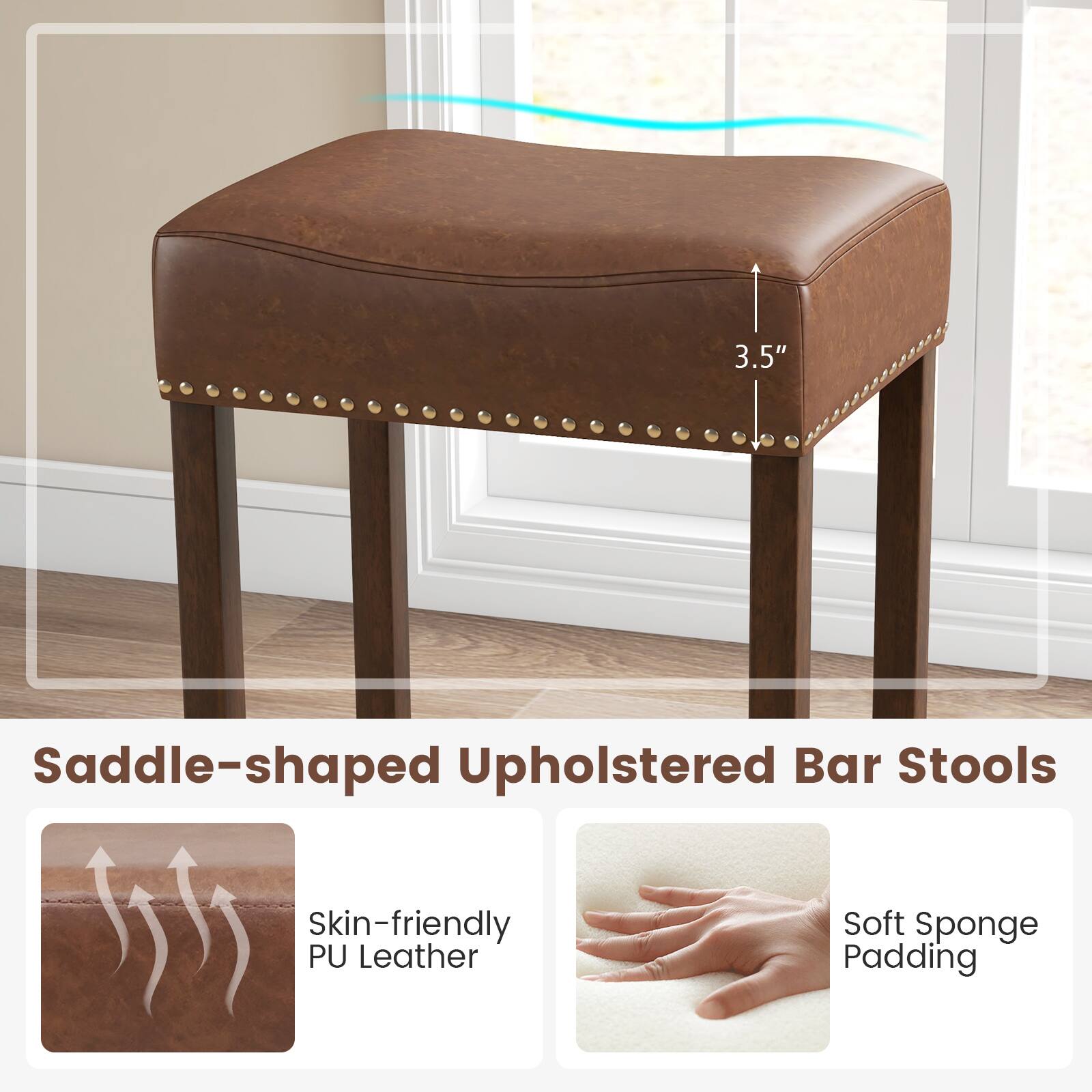 The text on the image is grouped and corrected as follows:

"Saddle-shaped Upholstered Bar Stools with Skin-friendly PU Leather and Soft Sponge Padding."