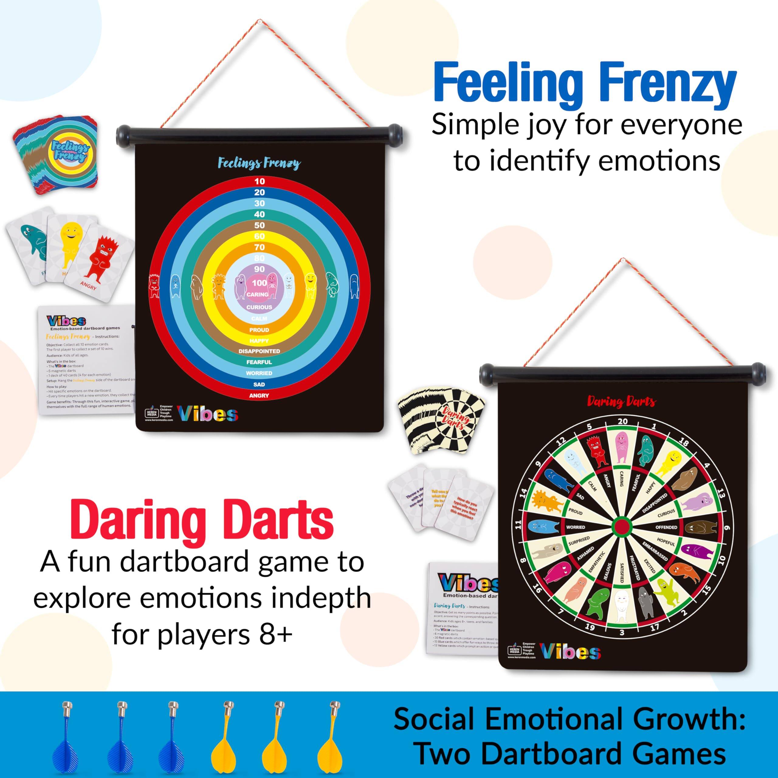Feeling Frenzy  
Simple joy for everyone to identify emotions

Daring Darts  
A fun dartboard game to explore emotions indepth for players 8+

Social Emotional Growth: Two Dartboard Games