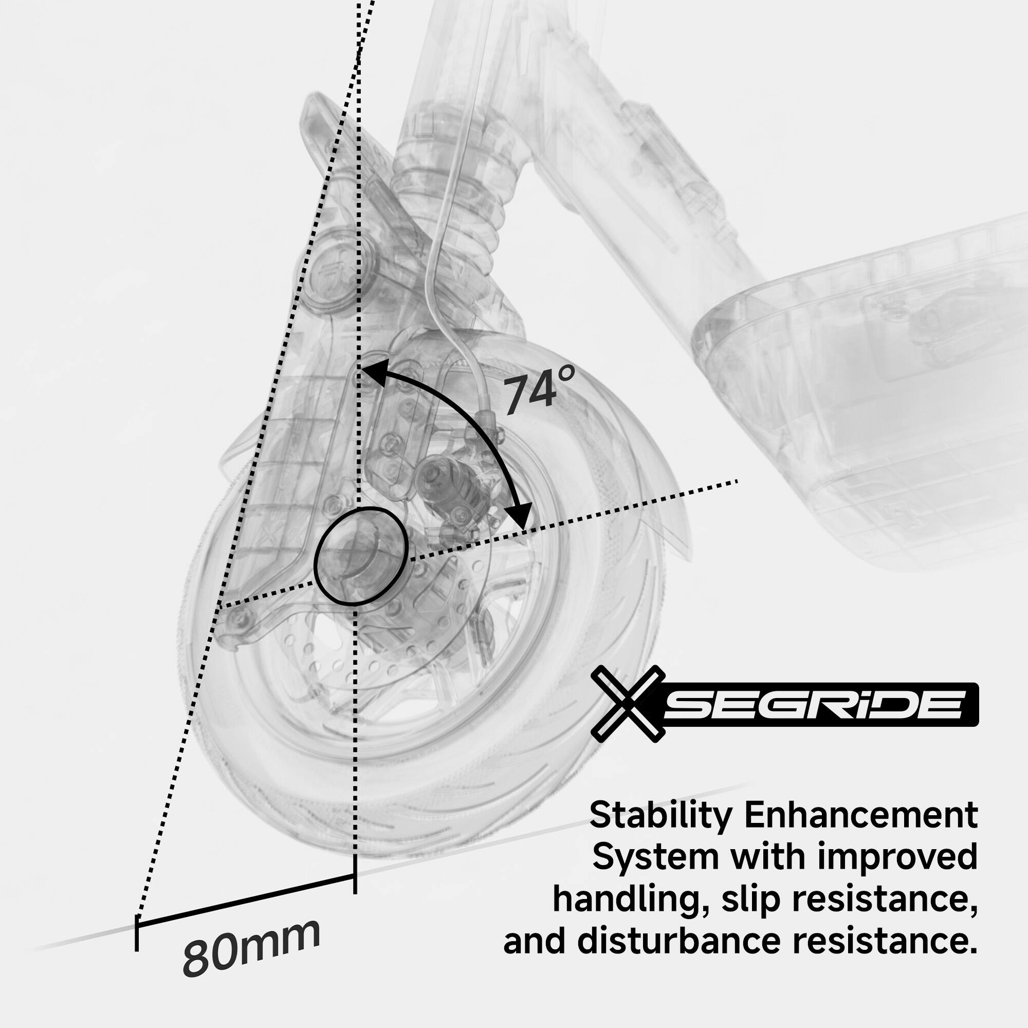 The image features a bike wheel with a 74-degree angle, and it is part of the SEGRiDE Stability Enhancement System. This system is designed to improve handling, slip resistance, and disturbance resistance, making it an ideal choice for bicycle riders seeking better control and safety.