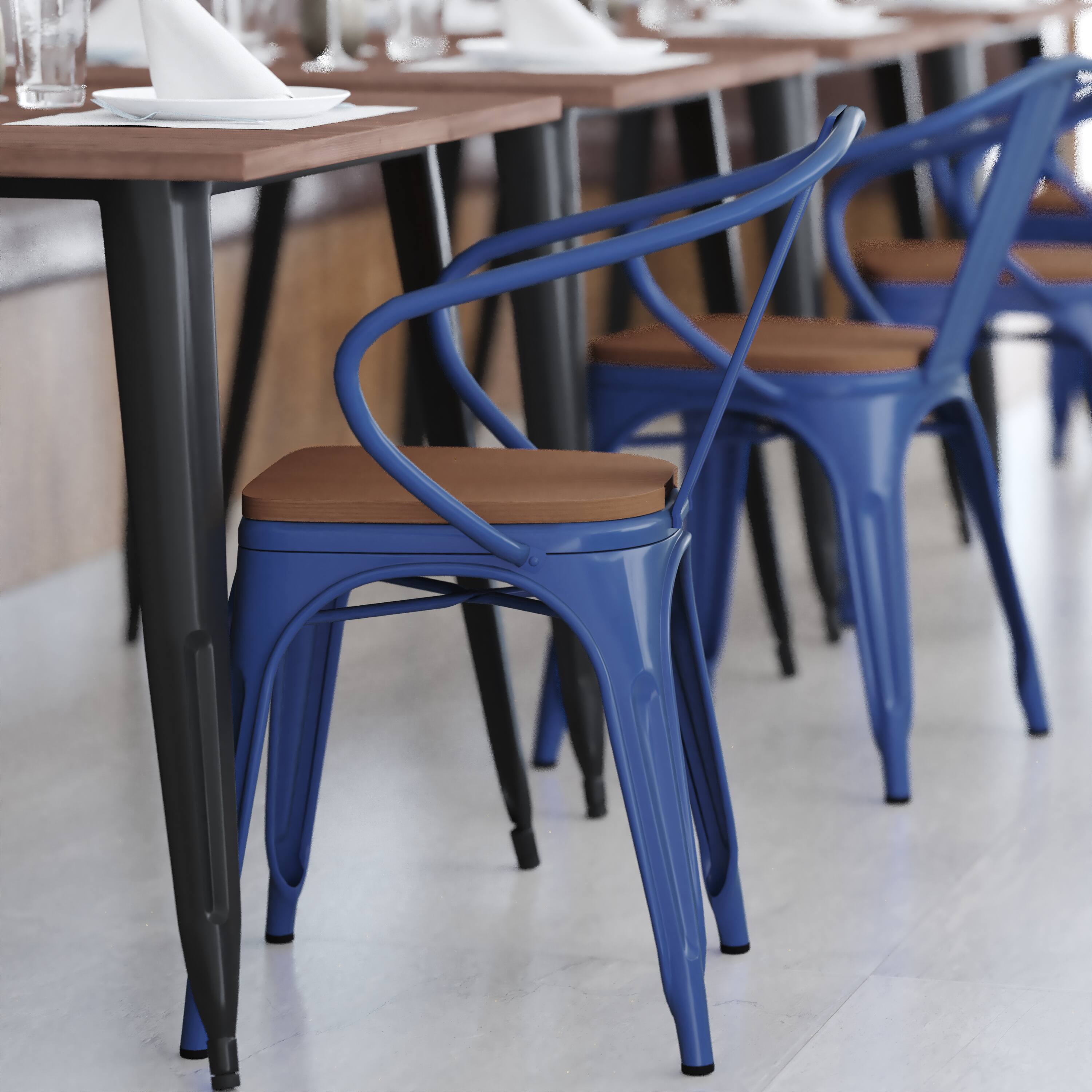 Alt View 4. Emma + Oliver - Alva Metal Indoor-Outdoor Stacking Chair with Vertical Slat Back, Arms and All-Weather Polystyrene Seat - Teak Seat/Blue Frame.