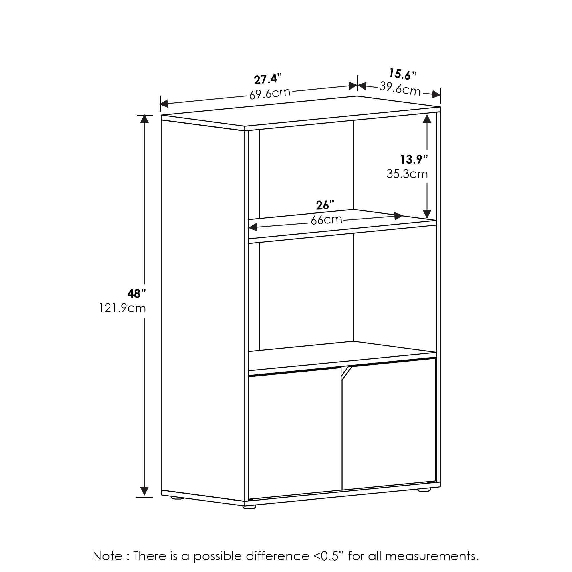 27.4" 69.6cm  
15.6" 39.6cm  
13.9" 35.3cm  
26" 66cm  
48" 121.9cm  

Note: There is a possible difference <0.5" for all measurements.
