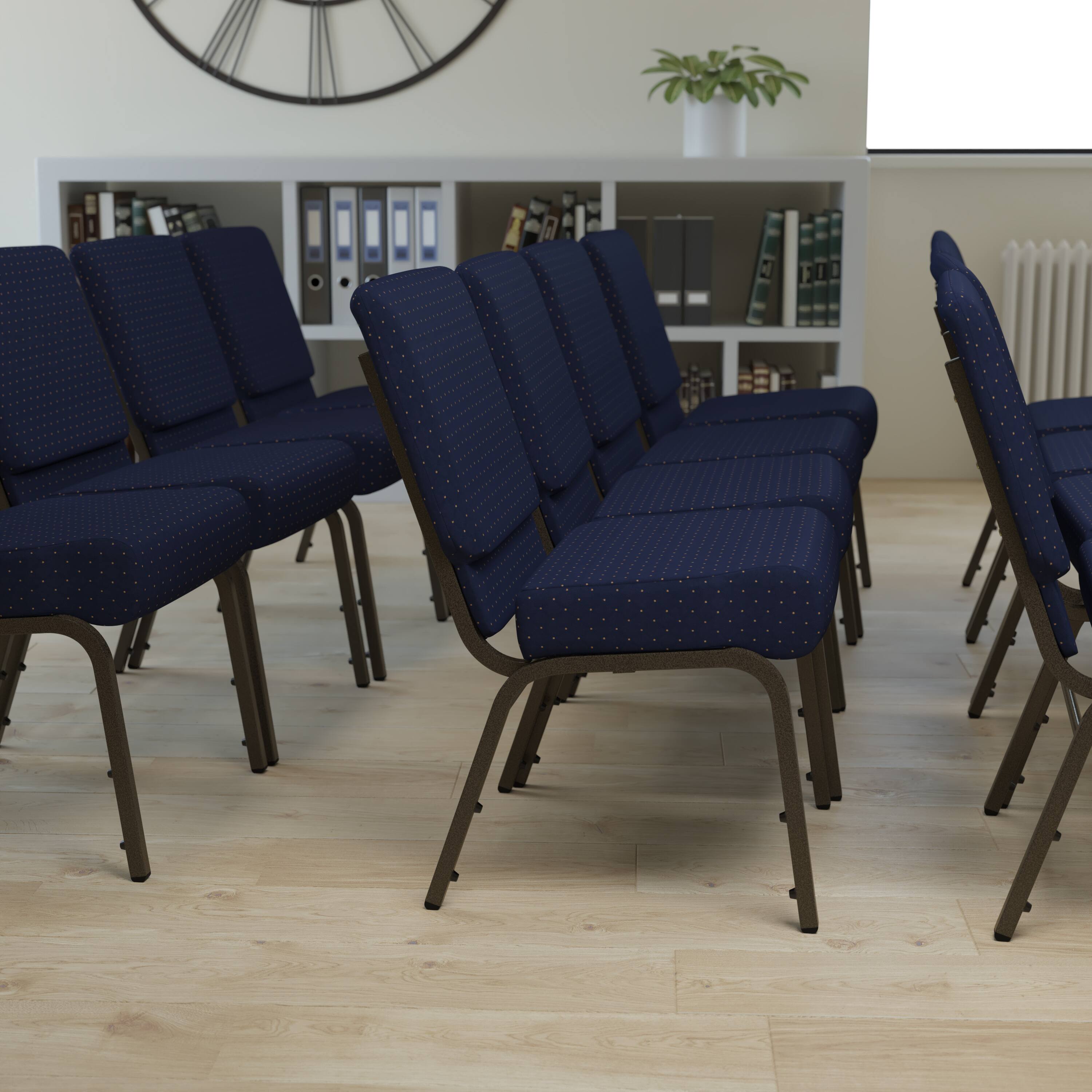 Alt View 1. Emma + Oliver - 21"W Stackable Church/Reception Guest Chair - Navy Blue Dot Patterned Fabric/Gold Vein Frame.