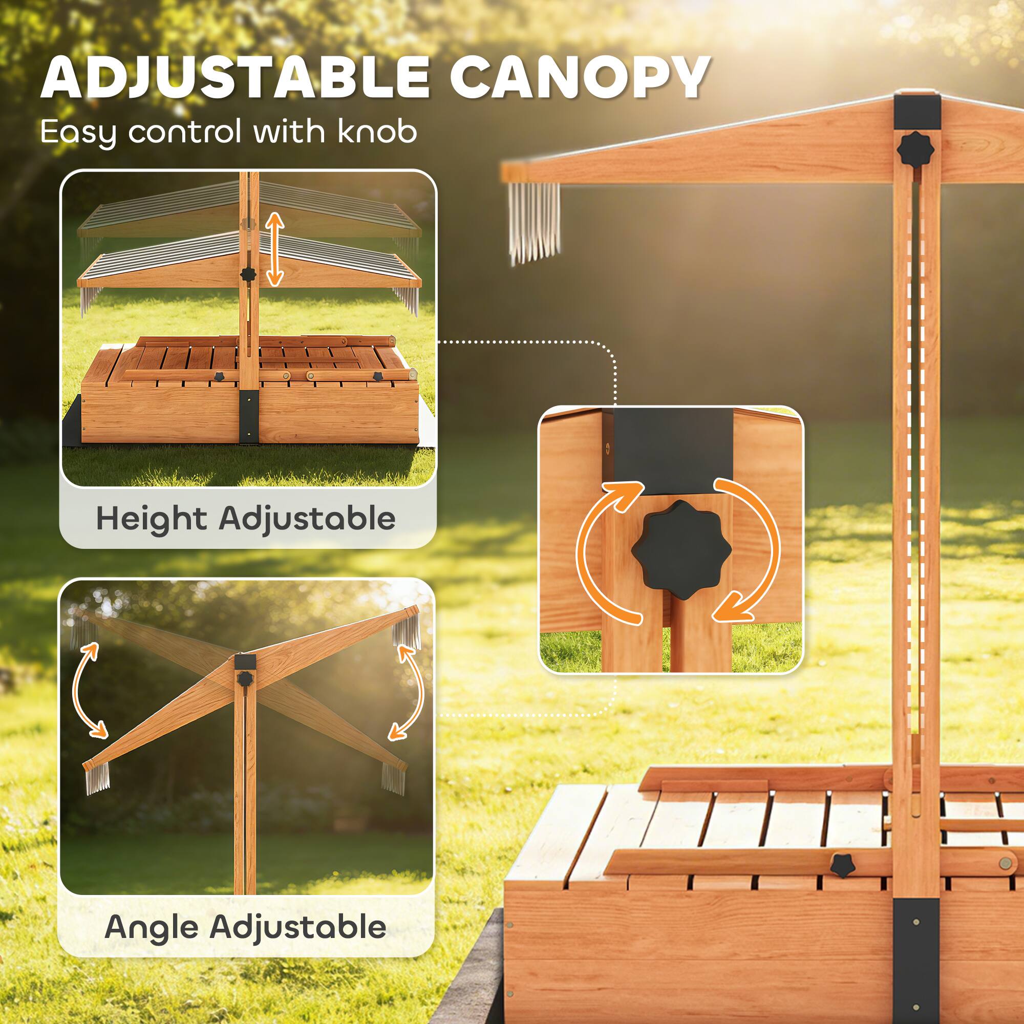 ADJUSTABLE CANOPY  
Easy control with knob  
Height Adjustable  
Angle Adjustable
