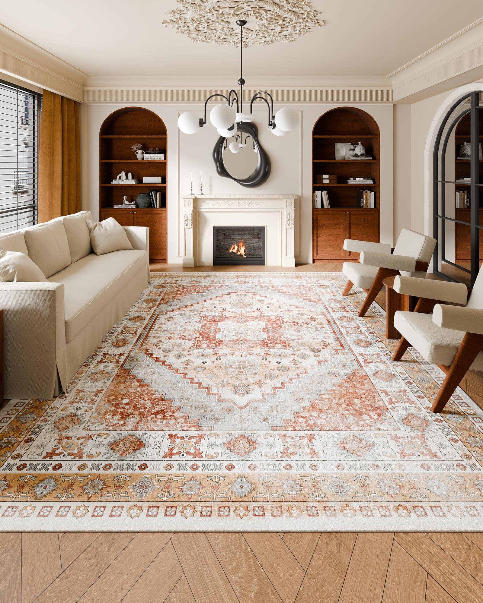 Angle. VEVOR - Area Rug, 9 x 12 ft Large Washable Rug, Non-Slip and Tear-Resistant Soft Carpet, Pet & Child Friendly Vintage Area Rugs - Brown Red.