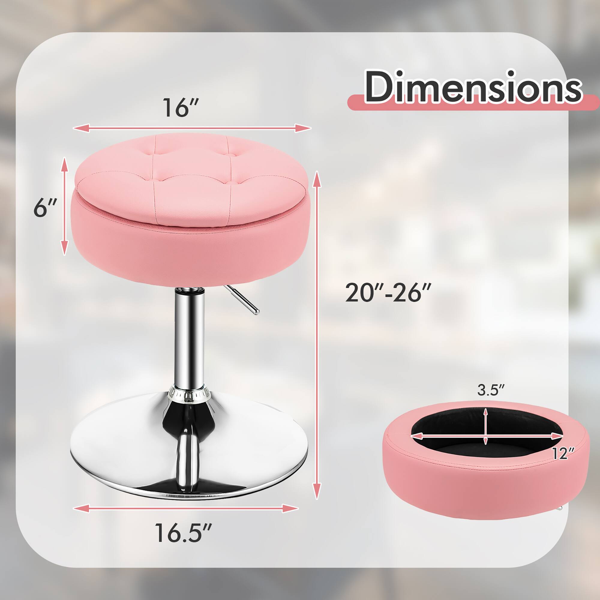 Dimensions: 16" (40.6 cm) 6" (15.2 cm) 20"-26" (50.8-66 cm) 3.5" (8.9 cm) 12" (30.5 cm) 16.5" (41.9 cm)