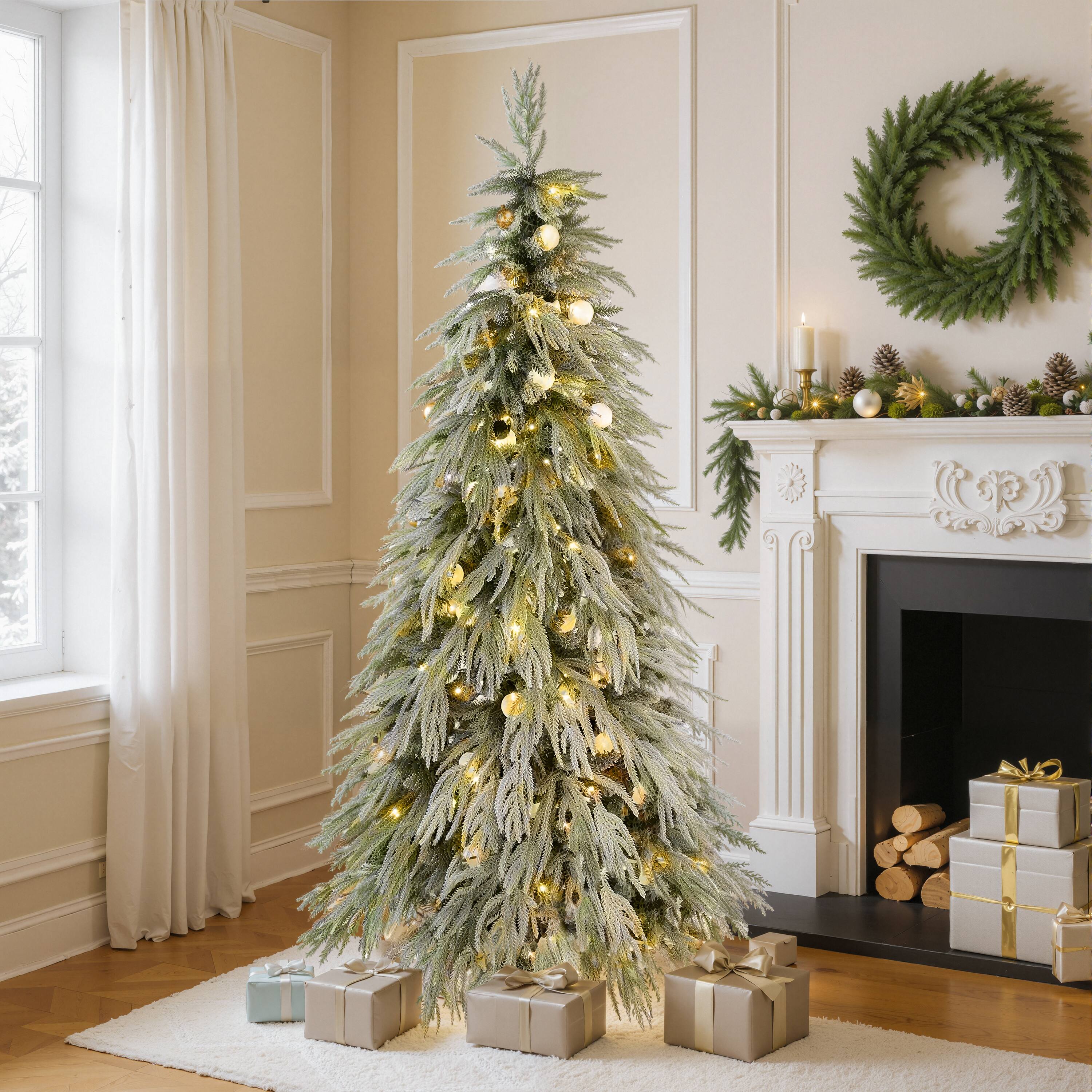 Alt View 2. Jandcase - 5FT Pre-Lit Spruce Snow Flocked Christmas Tree, Artificial Hinged Xmas Tree with LED Lights, Holiday Office Home Décor - White+Green.