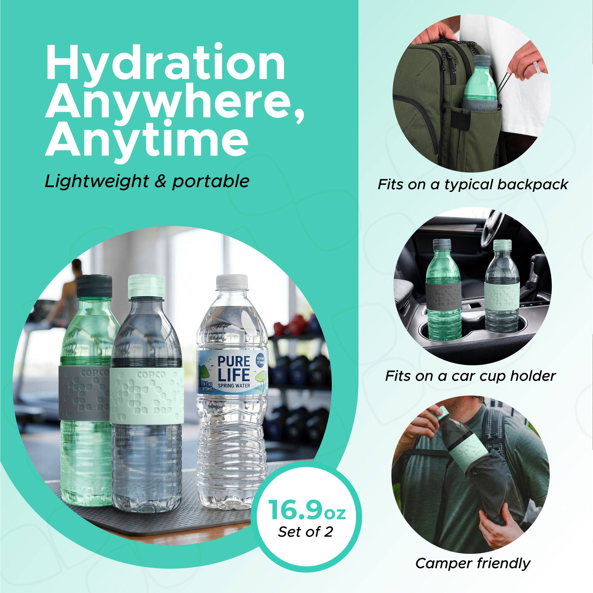 Hydration Anywhere, Anytime  
Lightweight & portable  
Fits on a typical backpack  
Fits on a car cup holder  
16.9oz Set of 2  
Camper friendly