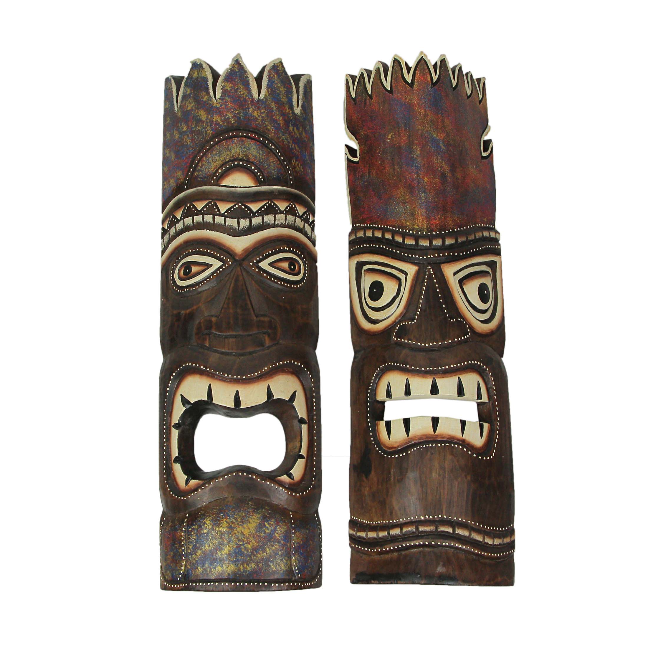 Front. J.D. Yeatts - Set of 2 Hand Carved Brown Stained and Painted Wood Polynesian Style Tiki Wall Hanging Masks 20 Inches High - Multicolored.
