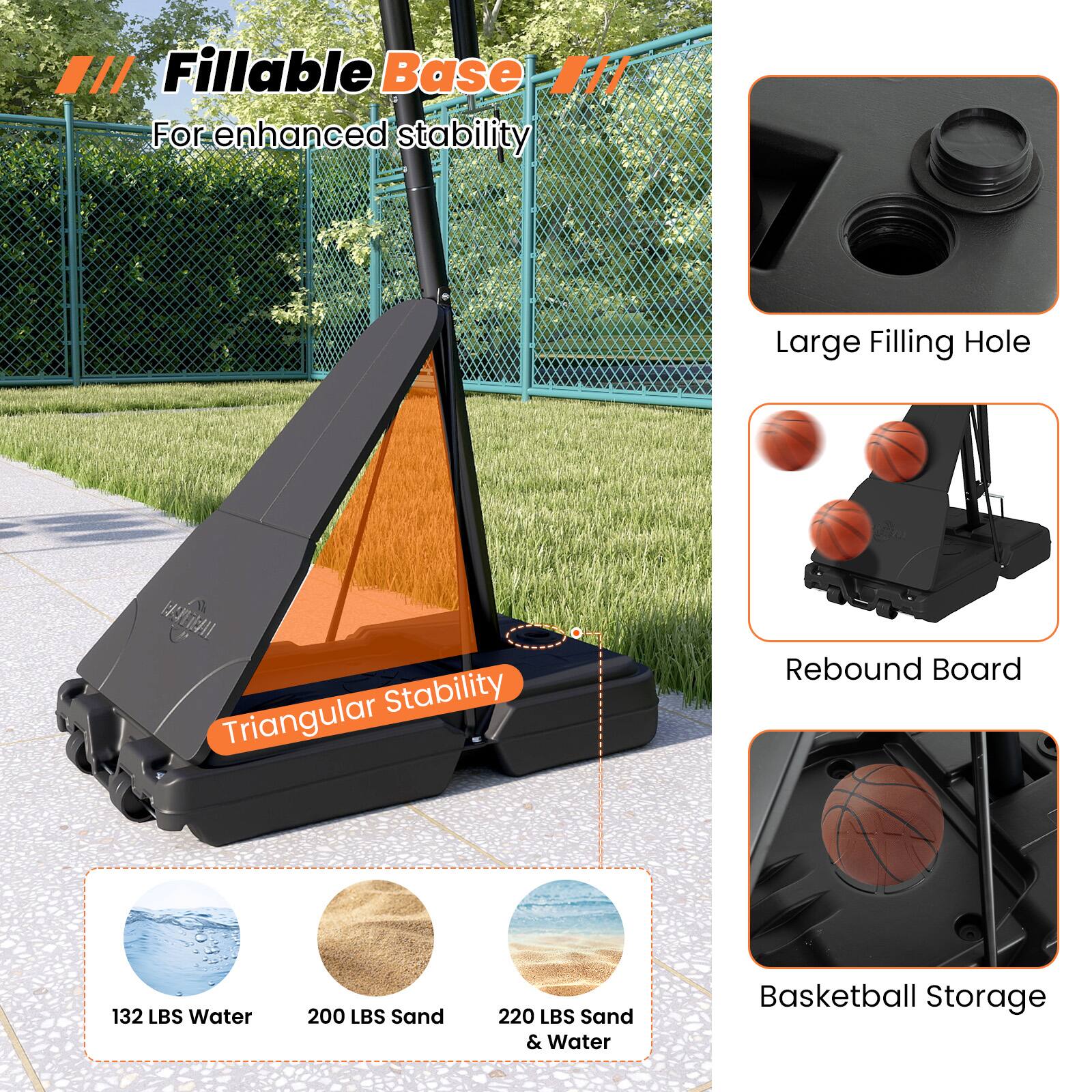 Fillable Base  
For enhanced stability  

Large Filling Hole  

Triangular Stability  

Rebound Board  

132 LBS Water  
200 LBS Sand  
220 LBS Sand & Water  

Basketball Storage