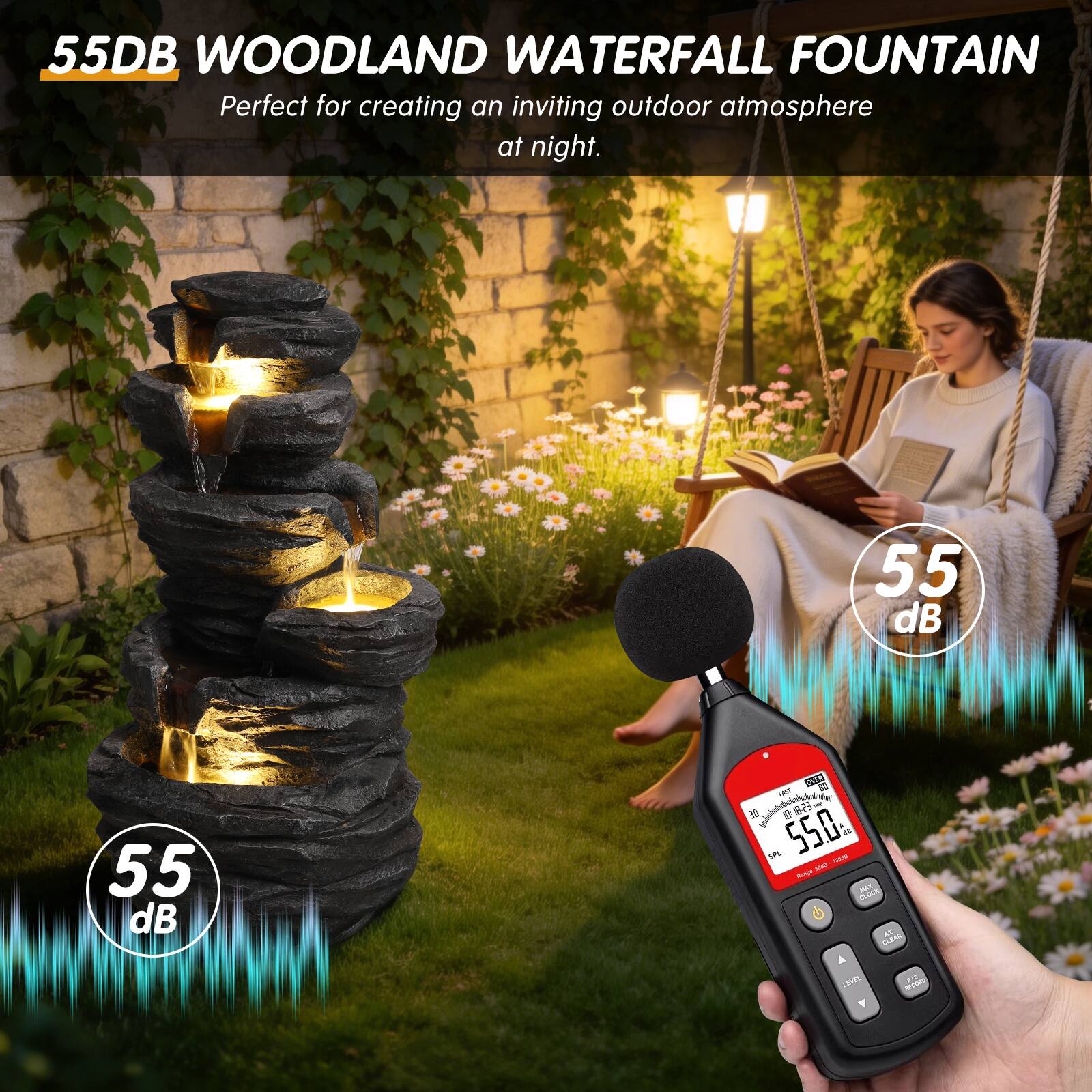 55DB WOODLAND WATERFALL FOUNTAIN  
Perfect for creating an inviting outdoor atmosphere at night.