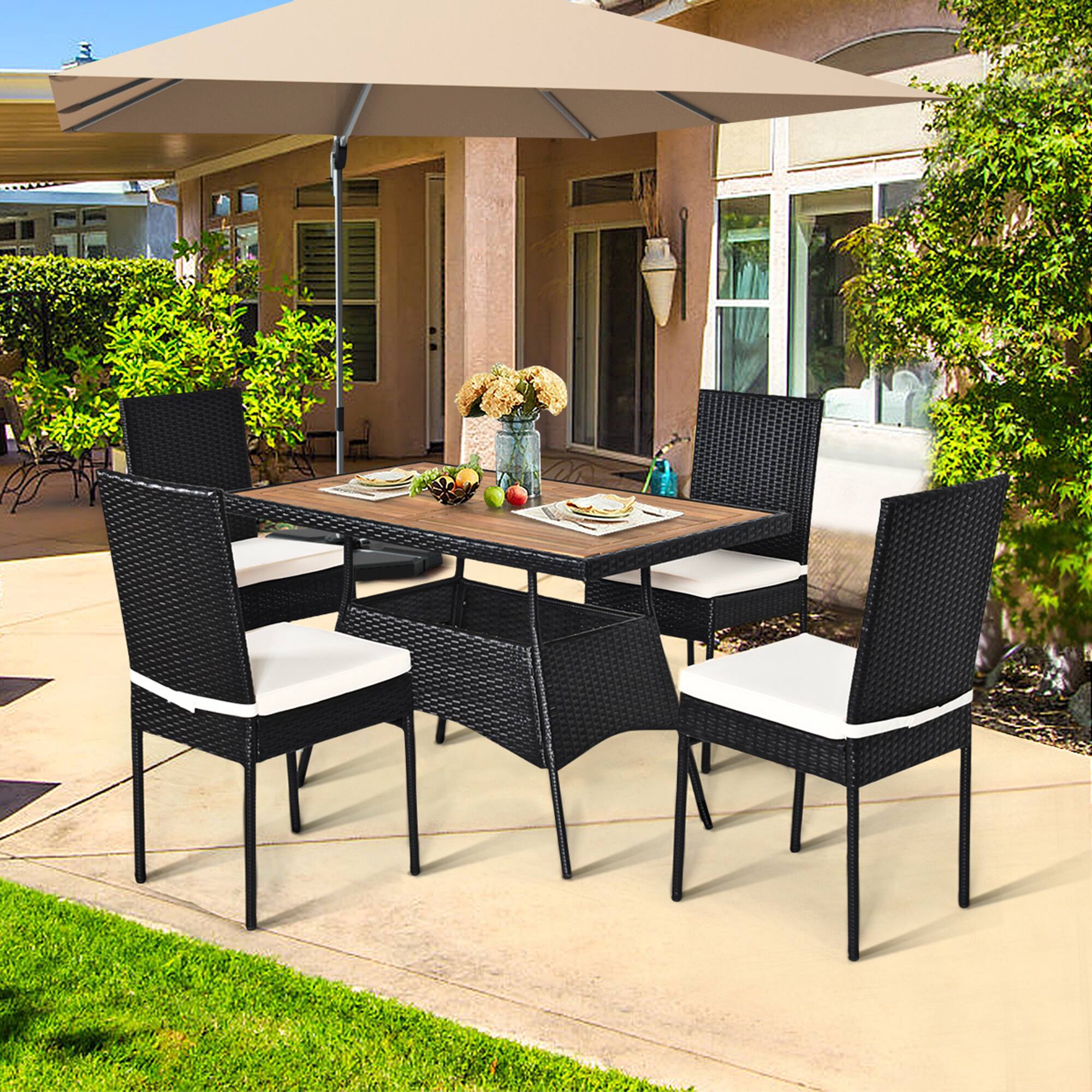 Alt View 3. Gymax - Gymax 5PCS Rattan Patio Dining Set Outdoor w/ Cushion Wooden Tabletop 4 Chairs - Black.