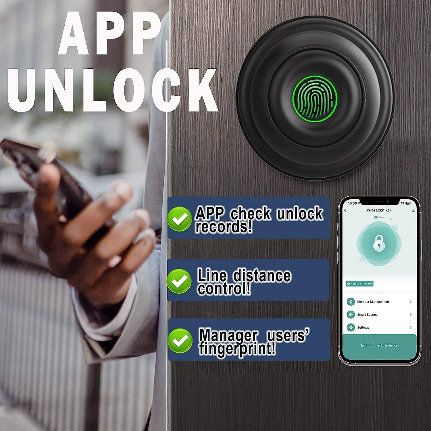 APP UNLOCK

- APP check unlock records!
- Line distance control!
- Manager users' fingerprint!