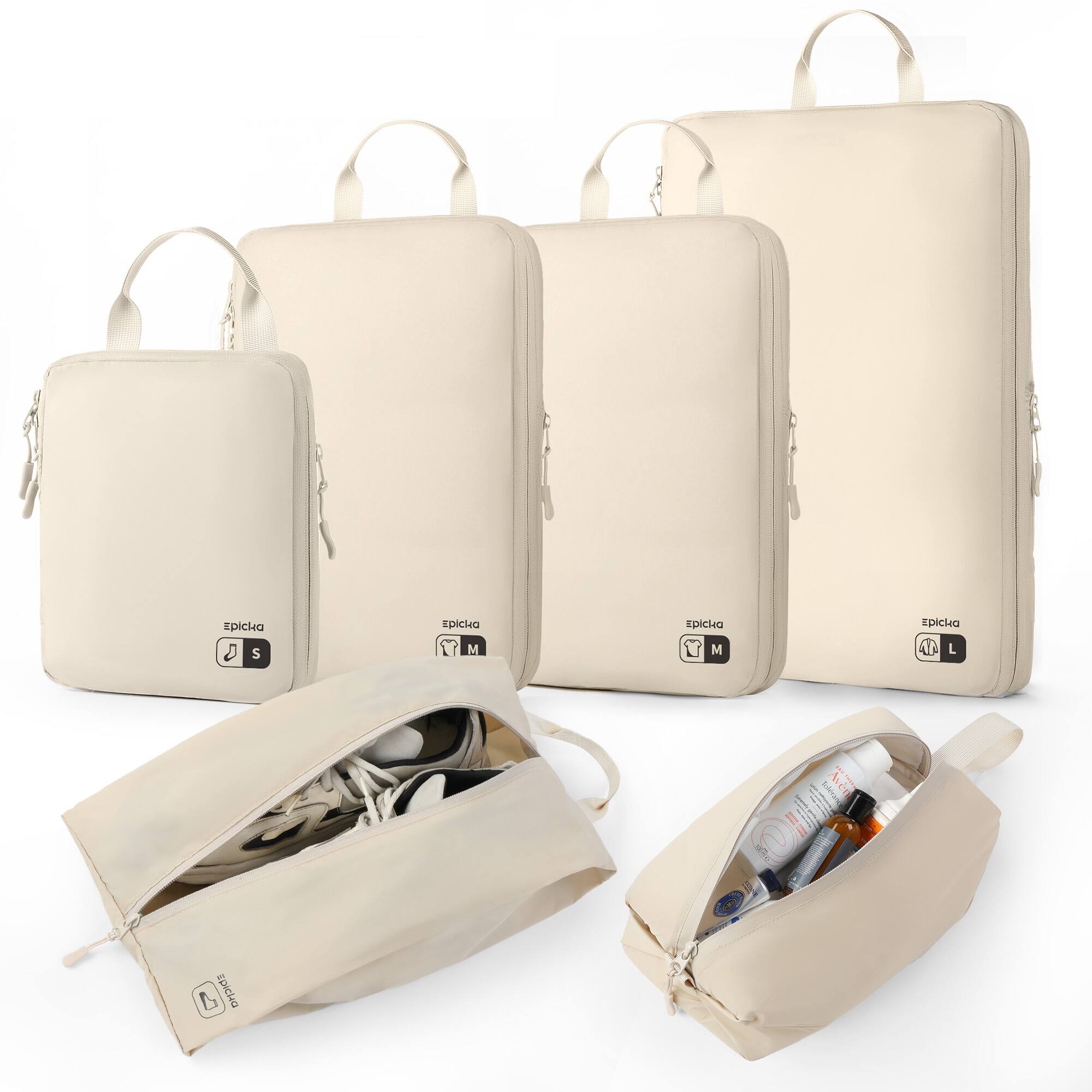 Epicka - Nylon Compression Packing Cubes 6 Set - Water Resistant Travel Packing Organizer for Carry on - Beige