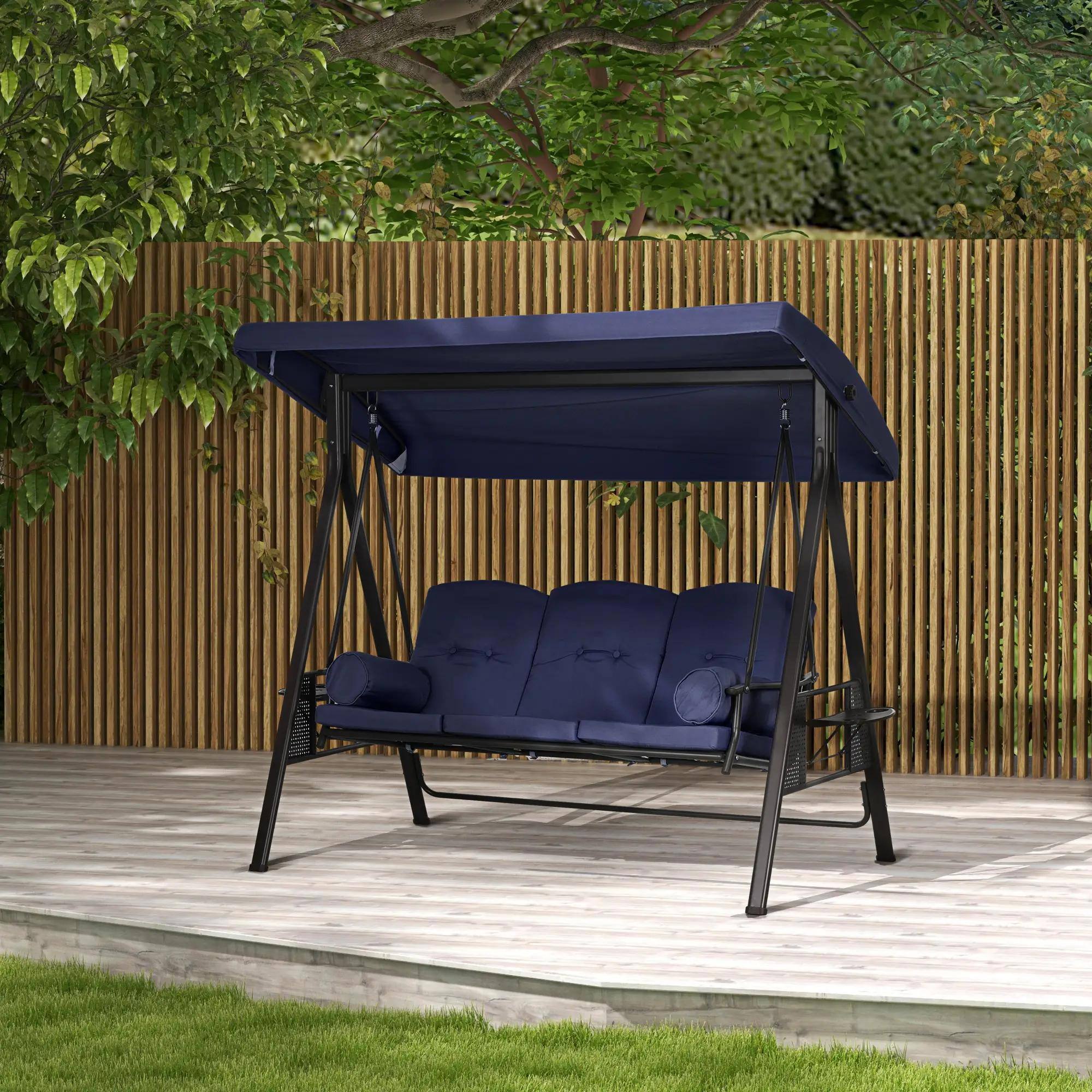 Back. Resenkos - Resenkos 3-Seat Swing Set, Dark Blue Canopy, Garden, Poolside, Comfortable Cushions & Pillows, Dark Blue.