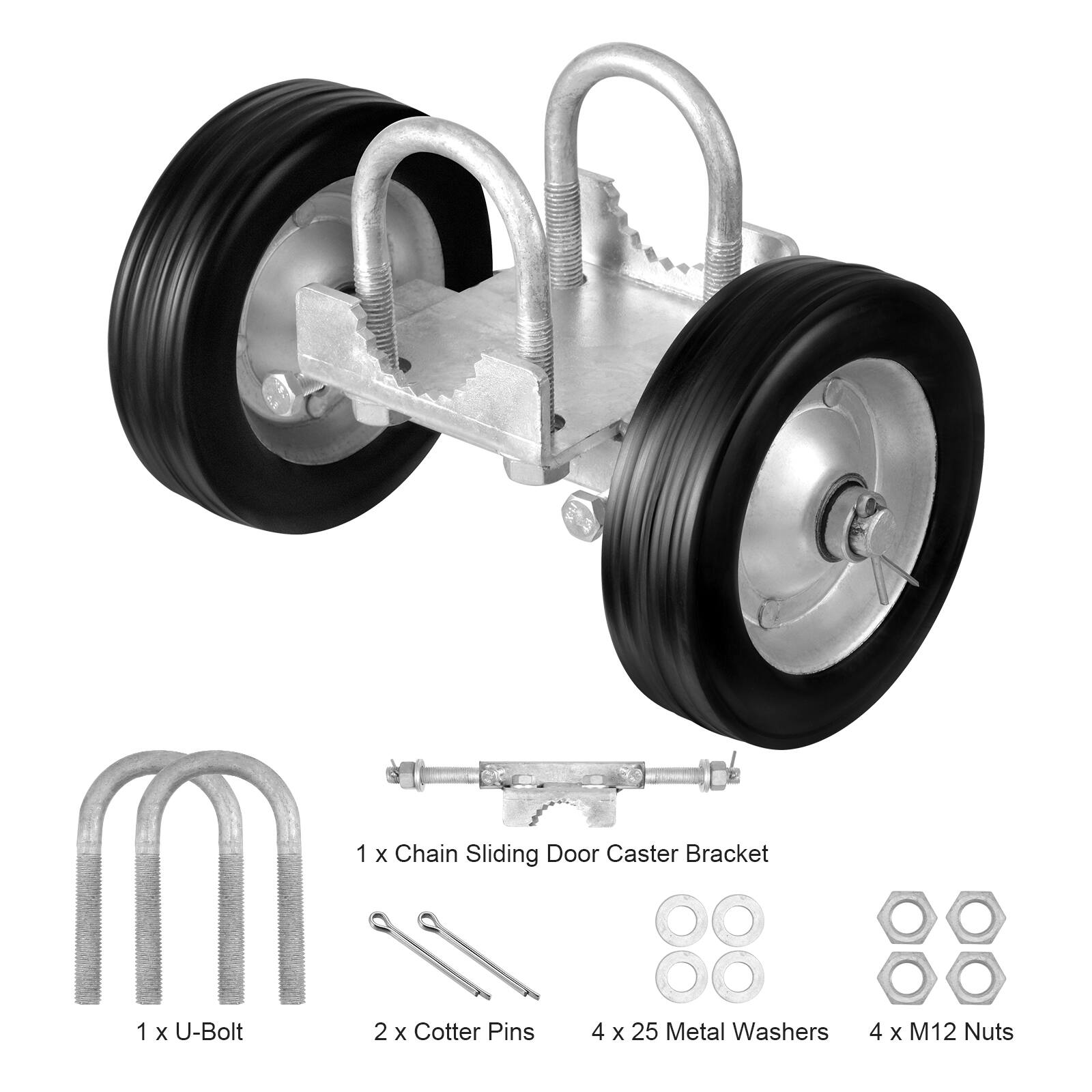 1 x Chain Sliding Door Caster Bracket  
1 x U-Bolt  
2 x Cotter Pins  
4 x 25 Metal Washers  
4 x M12 Nuts