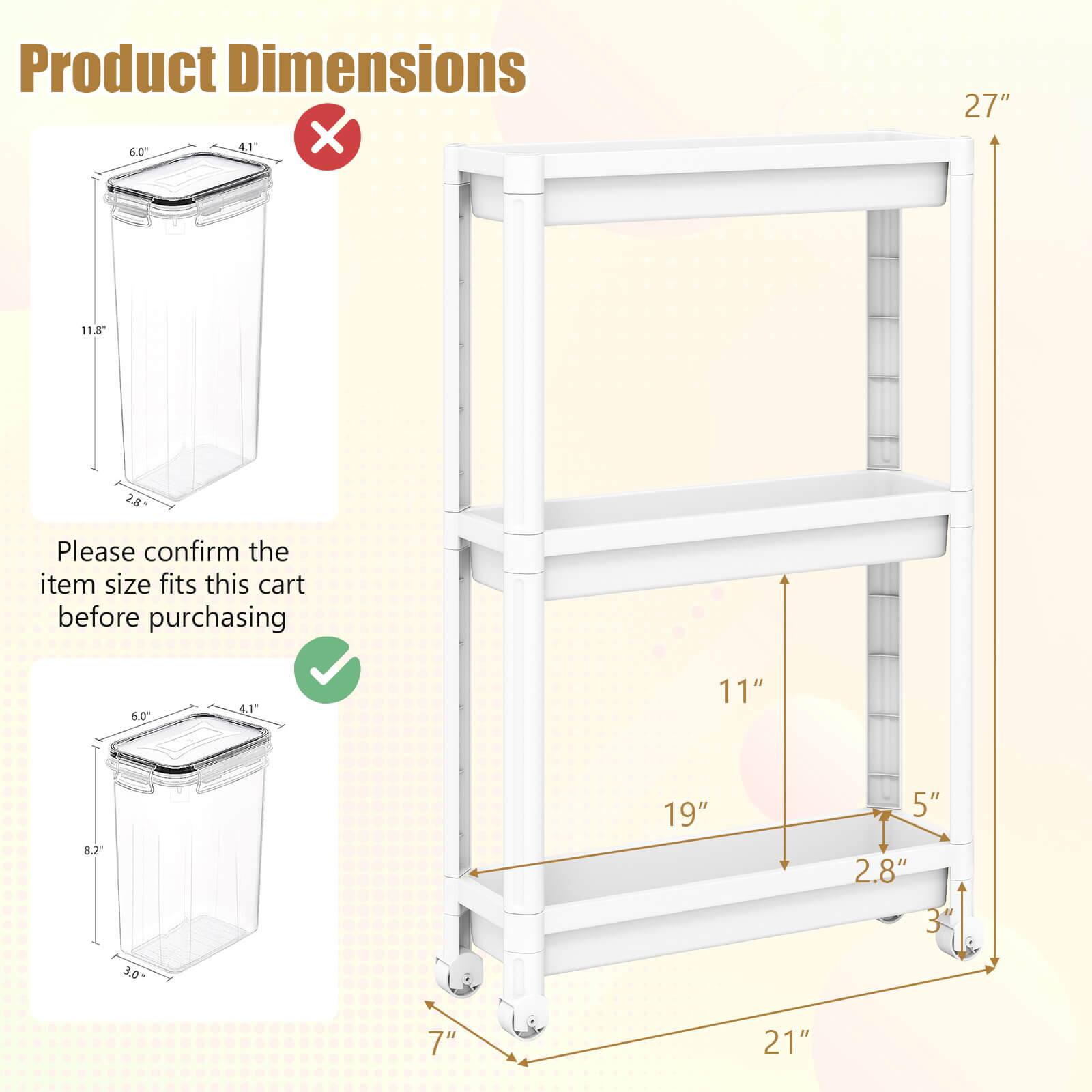 Product Dimensions: 6.0" x 4.1" x 11.8"  
Cart Dimensions: 27" x 19" x 21"  

Please confirm the item size fits this cart before purchasing.