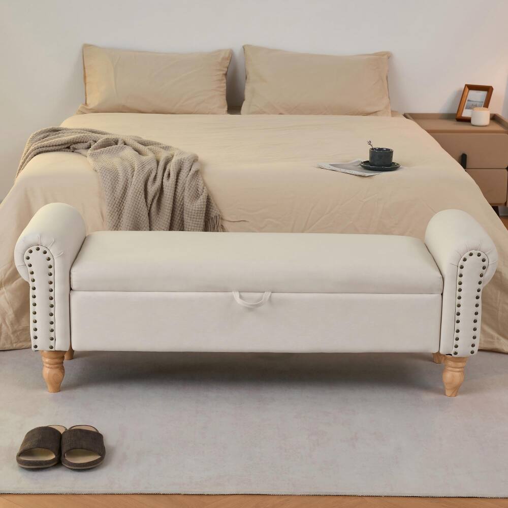 Alt View 3. Ropilly - Ropilly Beige Storage Ottoman Bench, Fabric End of Bed Bench with Rolled Arms and Wood Legs for Entryway and Living Room - Beige.