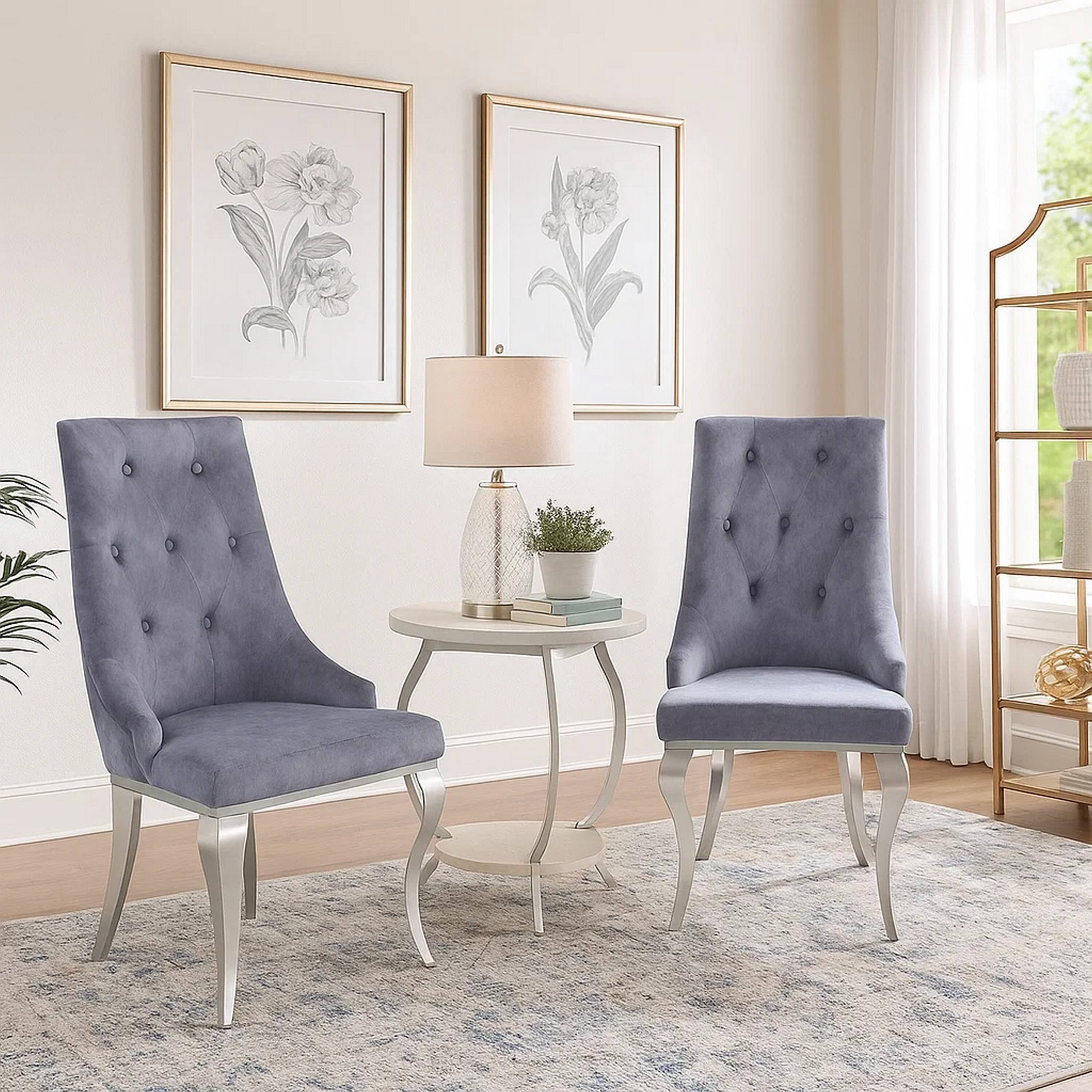 Alt View 6. Manhattan Lane - Side Chair with Button Tufting and Metal Legs, Set of 2 - Gray and Silver.