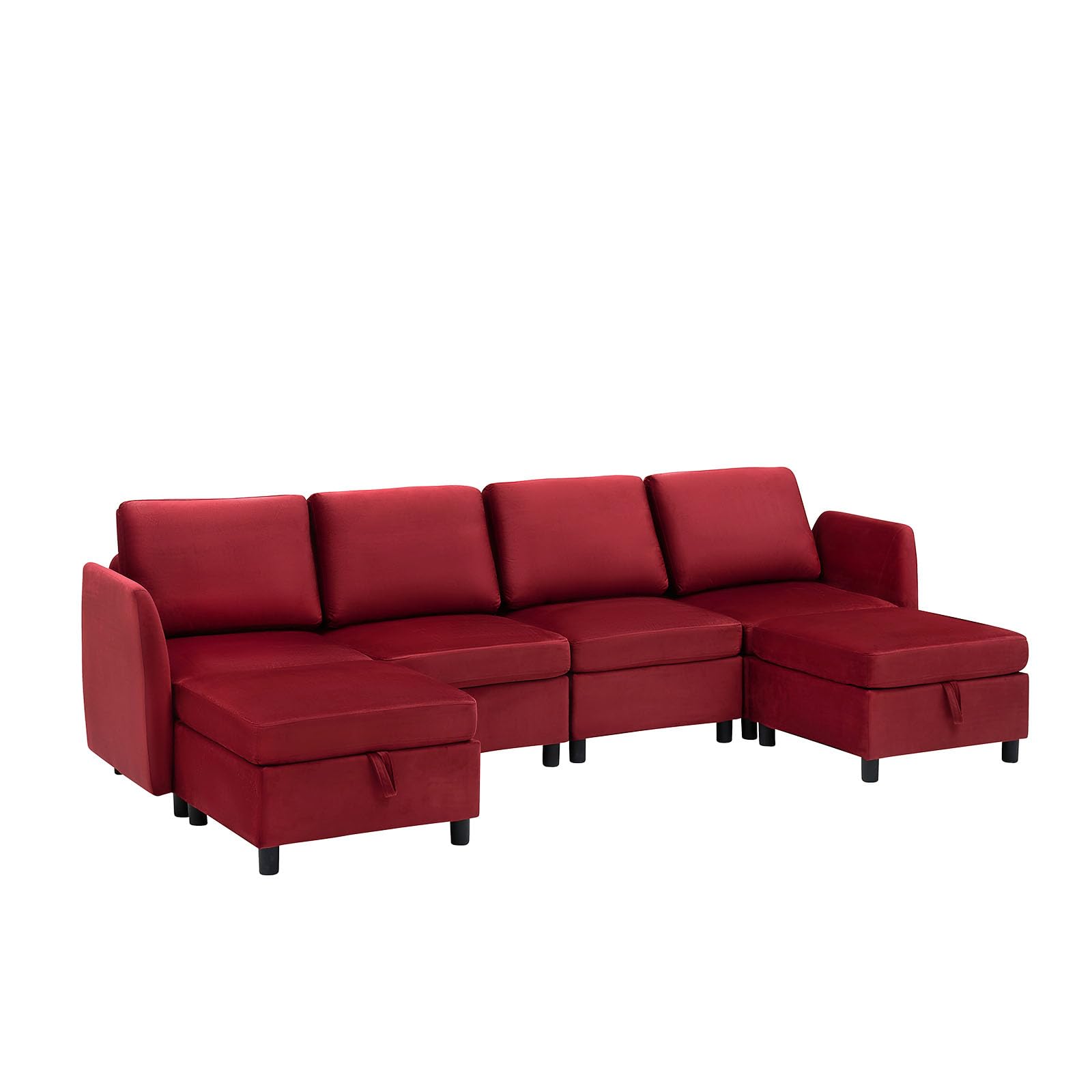 Front. Jojoka - 6-Seater Reversible Velvet Modular Sectional Sofa with Storage, Chaise & Ottomans, Mid-Century Sleeper Couch - Red.
