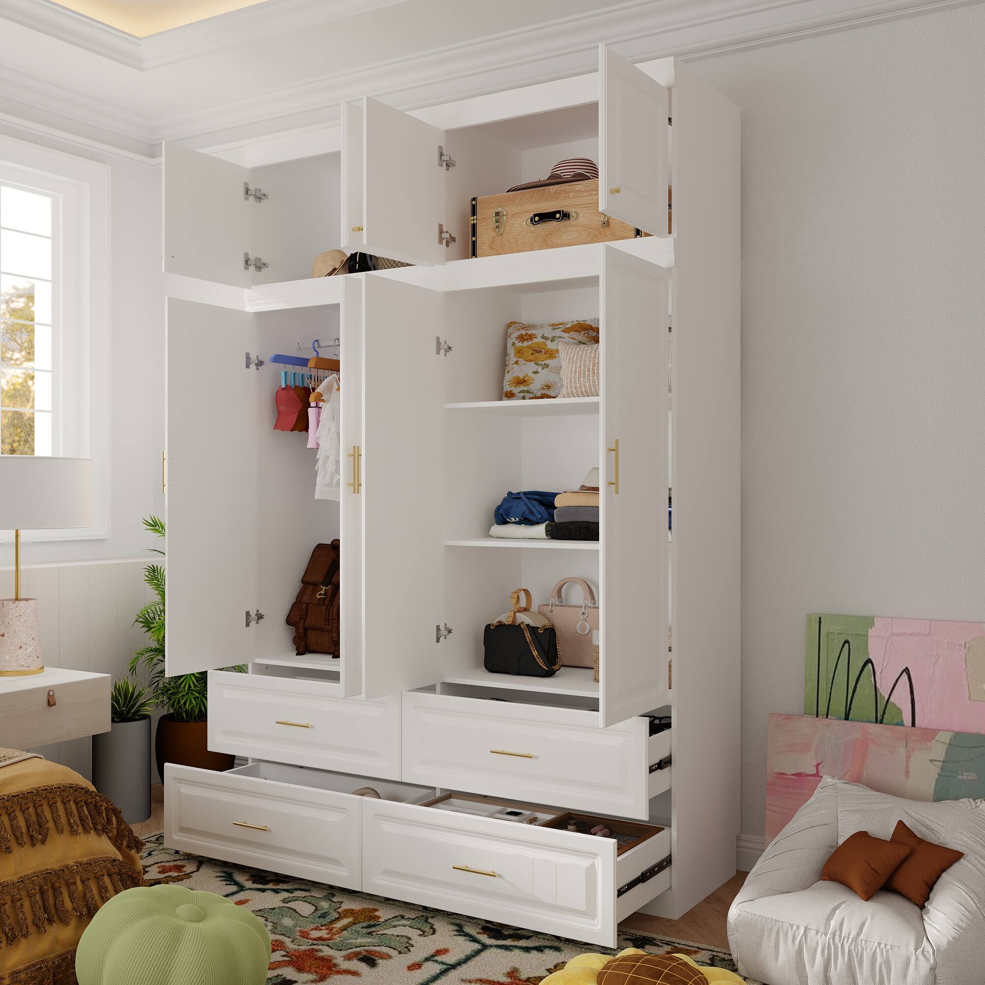 Alt View 2. FUFU&GAGA - FUFU&GAGA 4 - Door Wardrobe: Elegant Storage with Gold Accents & Smooth Drawers - White.